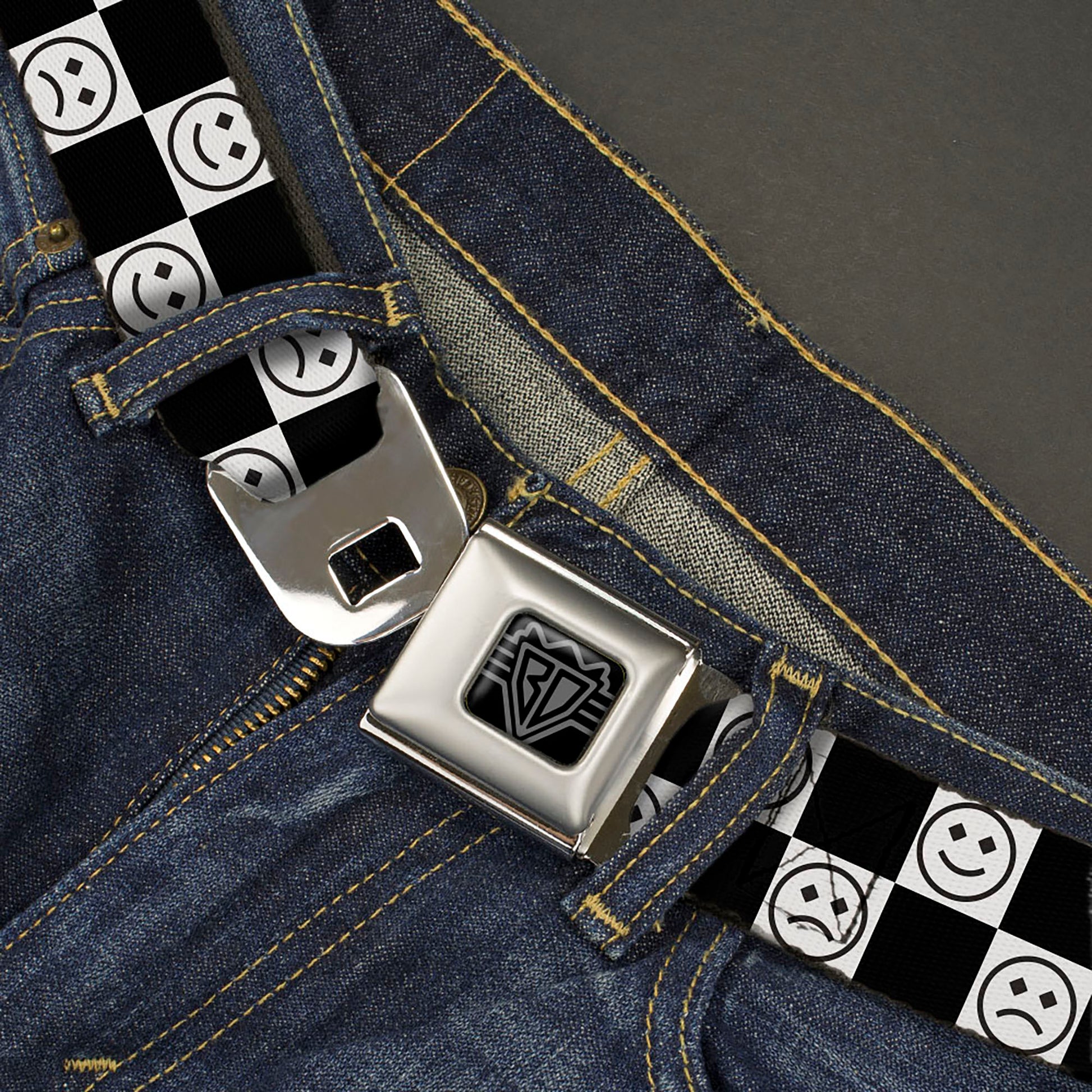 BD Wings Logo CLOSE-UP Black/Silver Seatbelt Belt - Smiley Sad Face Checker Black/White Webbing Seatbelt Belts Buckle-Down