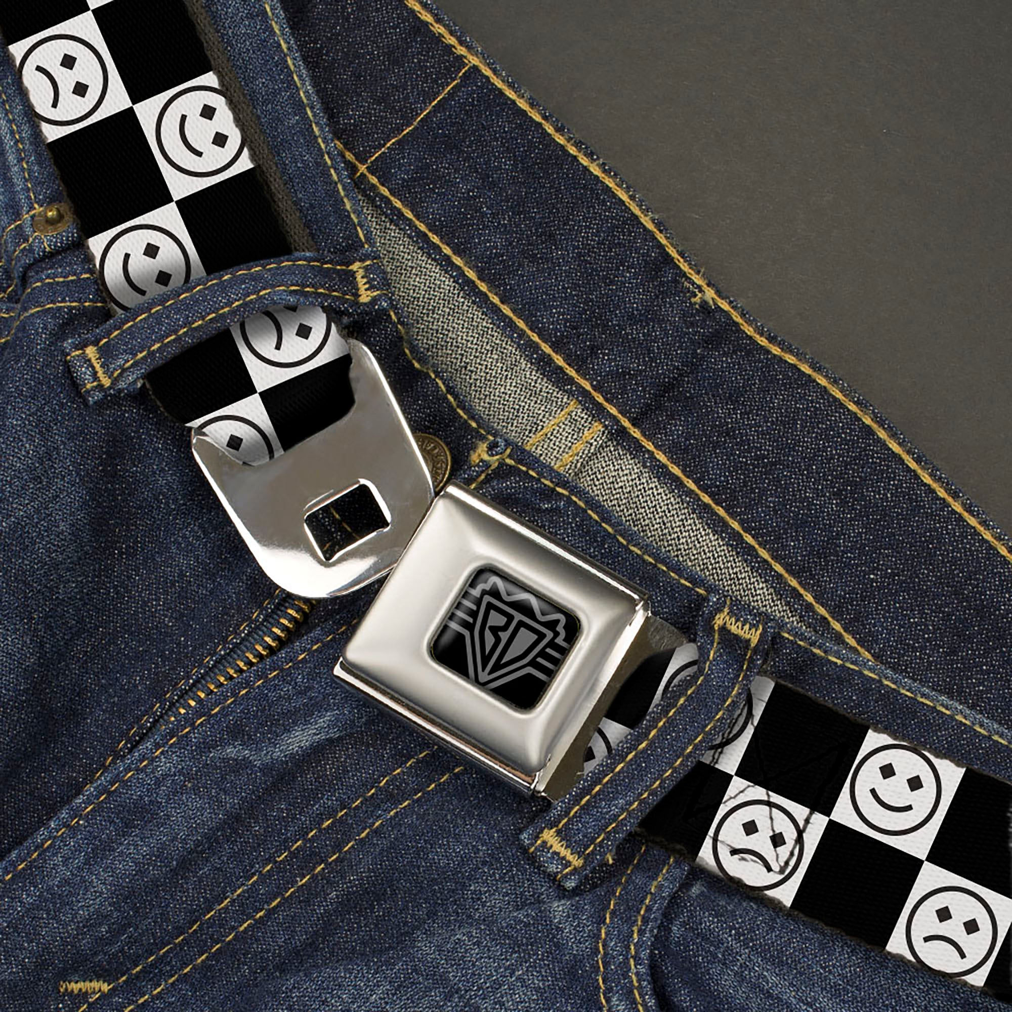 BD Wings Logo CLOSE-UP Black/Silver Seatbelt Belt - Smiley Sad Face Checker Black/White Webbing Seatbelt Belts Buckle-Down