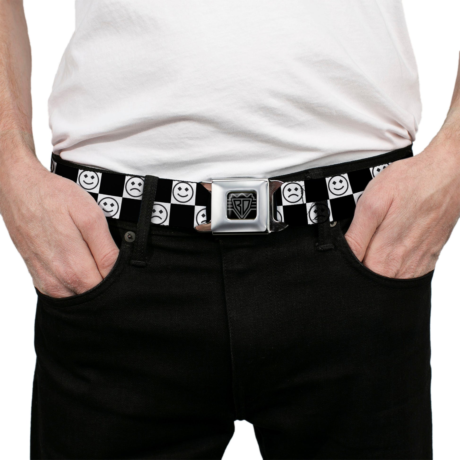 BD Wings Logo CLOSE-UP Black/Silver Seatbelt Belt - Smiley Sad Face Checker Black/White Webbing Seatbelt Belts Buckle-Down