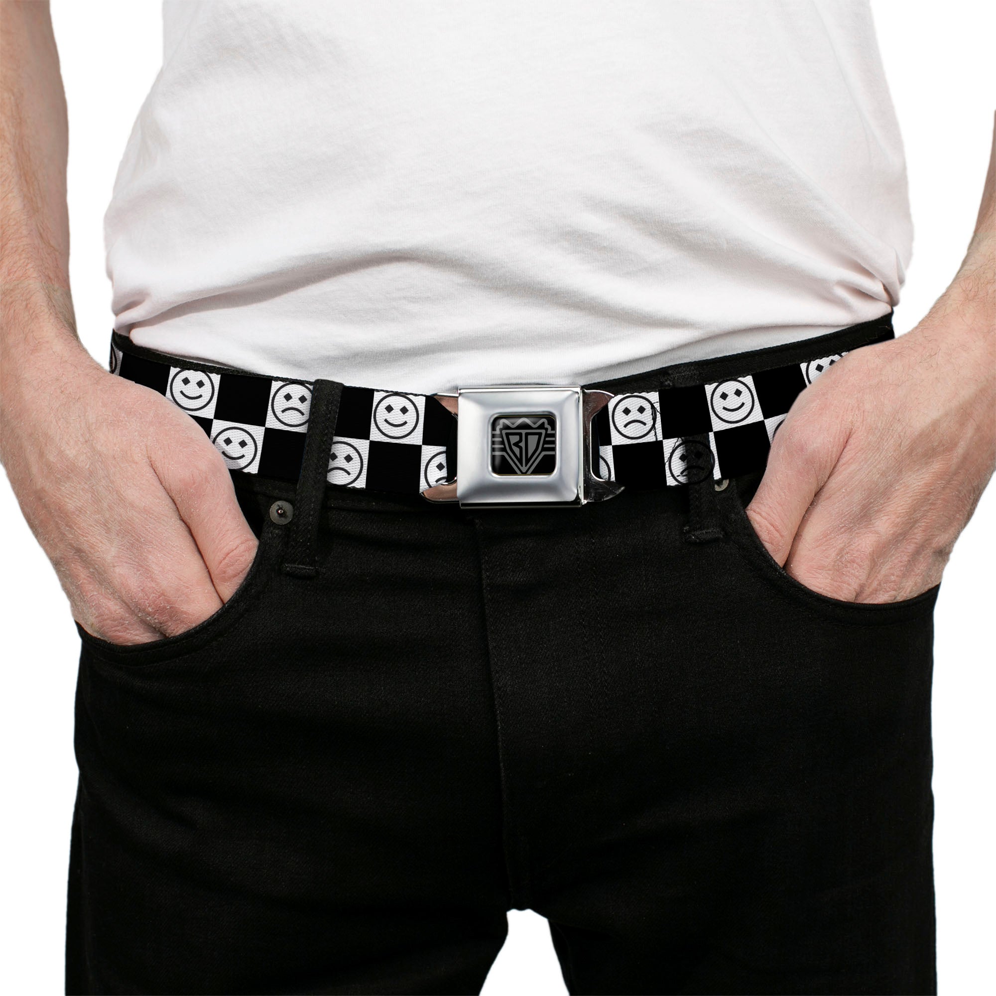 BD Wings Logo CLOSE-UP Black/Silver Seatbelt Belt - Smiley Sad Face Checker Black/White Webbing Seatbelt Belts Buckle-Down
