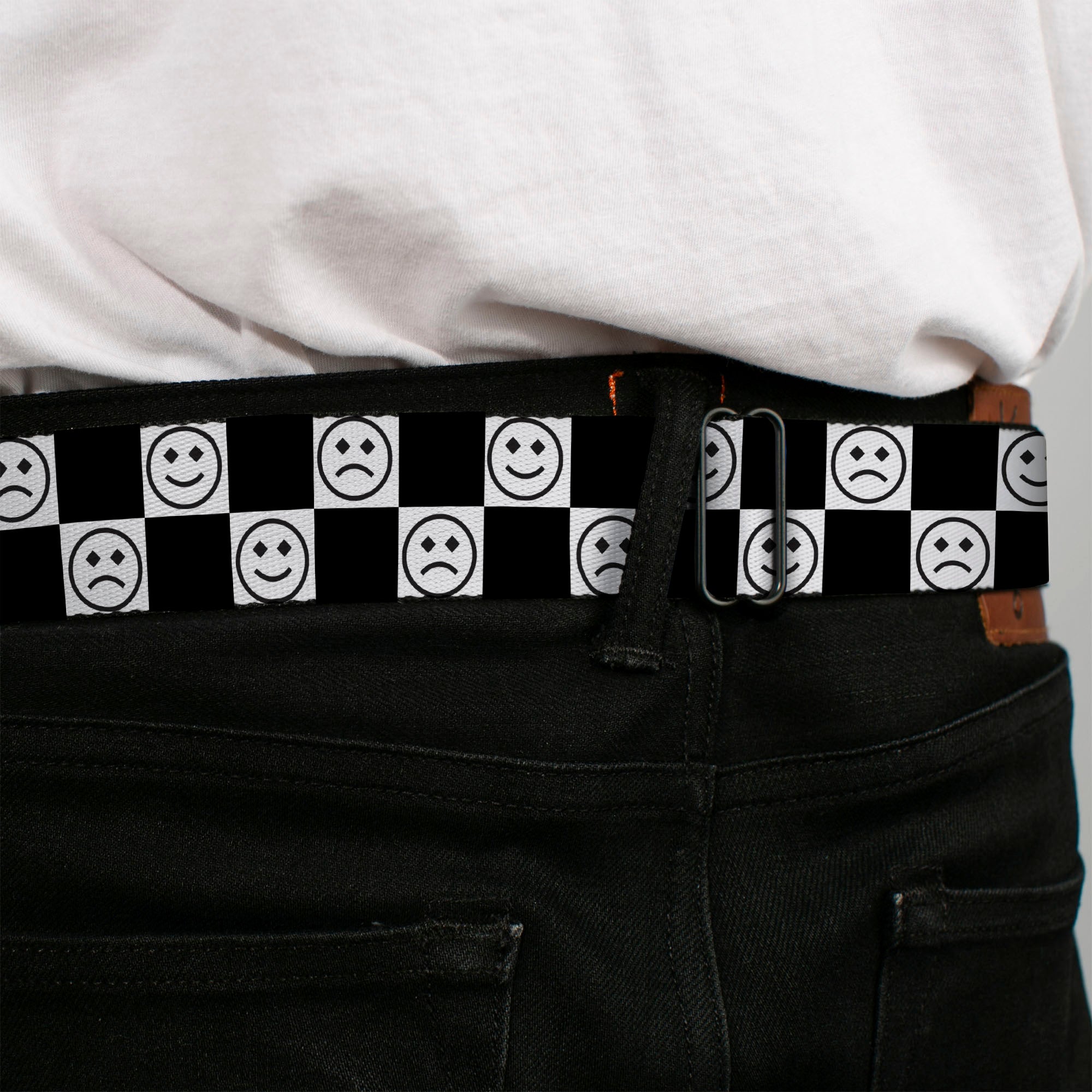 BD Wings Logo CLOSE-UP Black/Silver Seatbelt Belt - Smiley Sad Face Checker Black/White Webbing Seatbelt Belts Buckle-Down