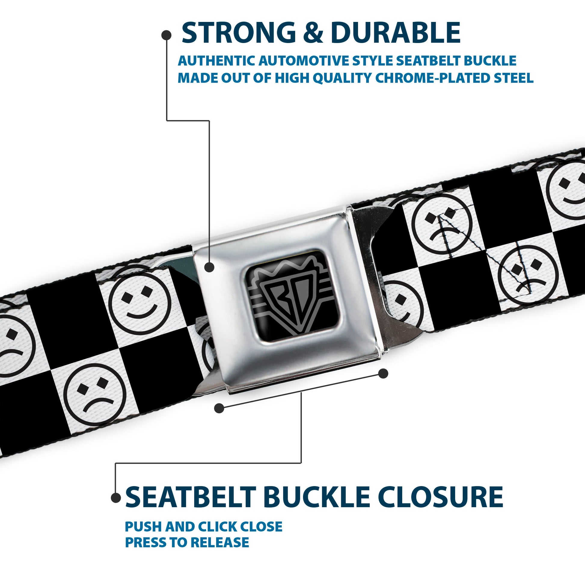 BD Wings Logo CLOSE-UP Black/Silver Seatbelt Belt - Smiley Sad Face Checker Black/White Webbing Seatbelt Belts Buckle-Down