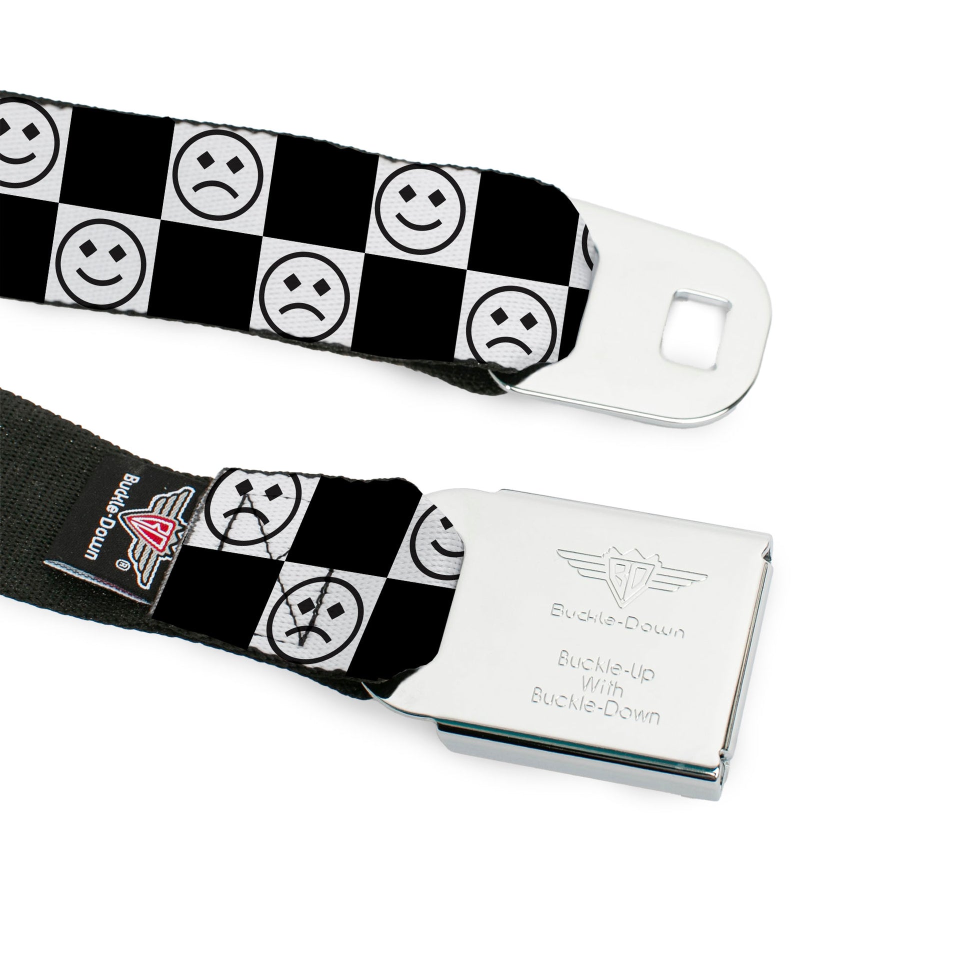 BD Wings Logo CLOSE-UP Black/Silver Seatbelt Belt - Smiley Sad Face Checker Black/White Webbing Seatbelt Belts Buckle-Down