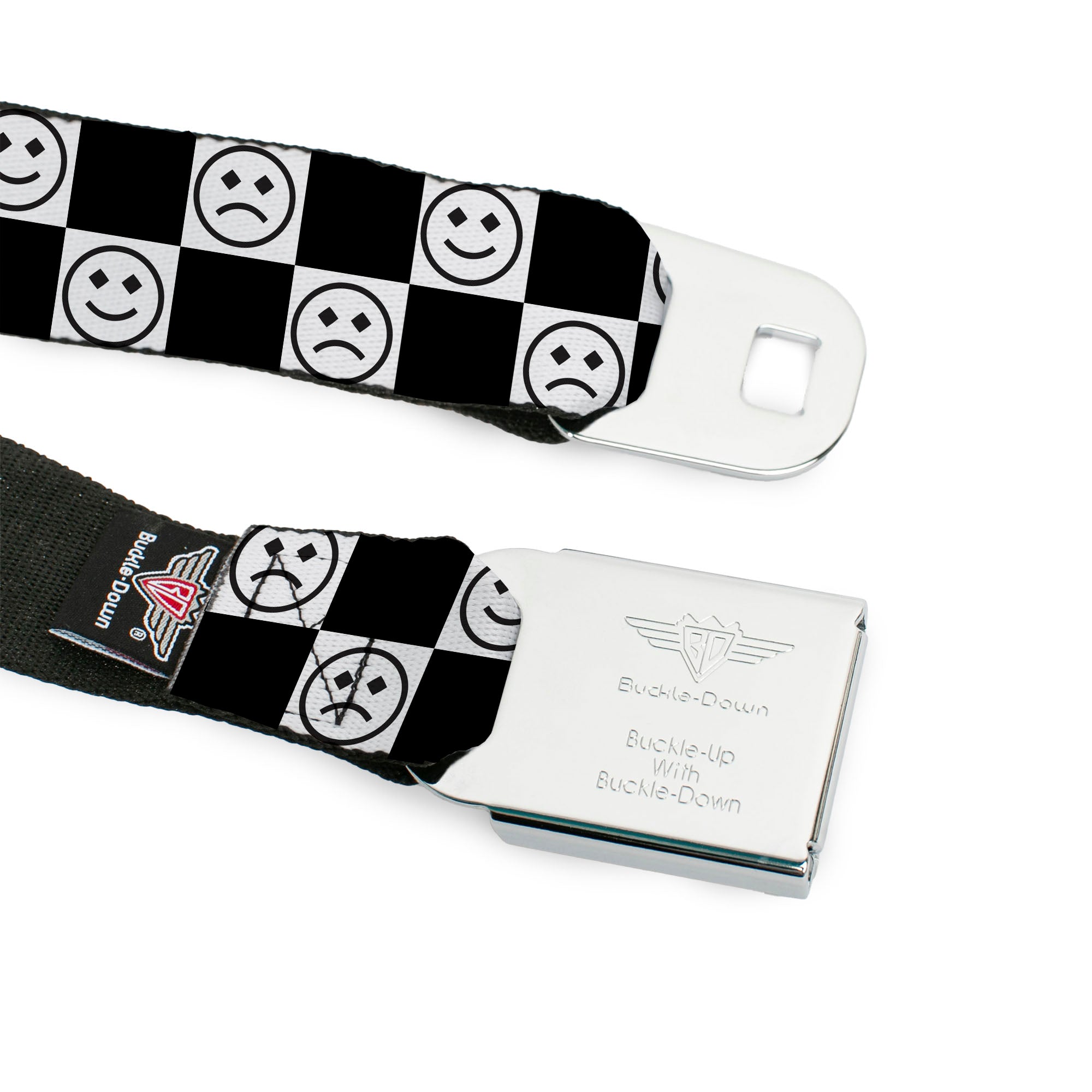 BD Wings Logo CLOSE-UP Black/Silver Seatbelt Belt - Smiley Sad Face Checker Black/White Webbing Seatbelt Belts Buckle-Down