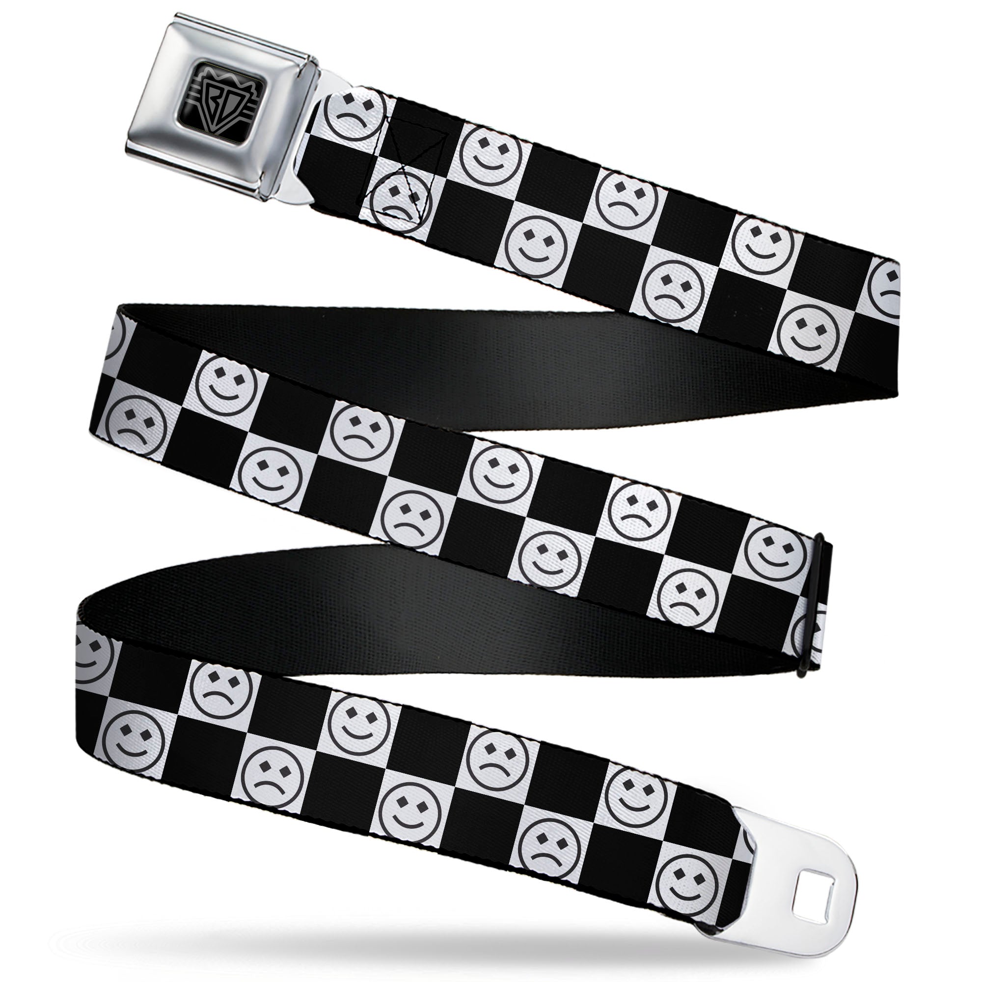 BD Wings Logo CLOSE-UP Black/Silver Seatbelt Belt - Smiley Sad Face Checker Black/White Webbing Seatbelt Belts Buckle-Down