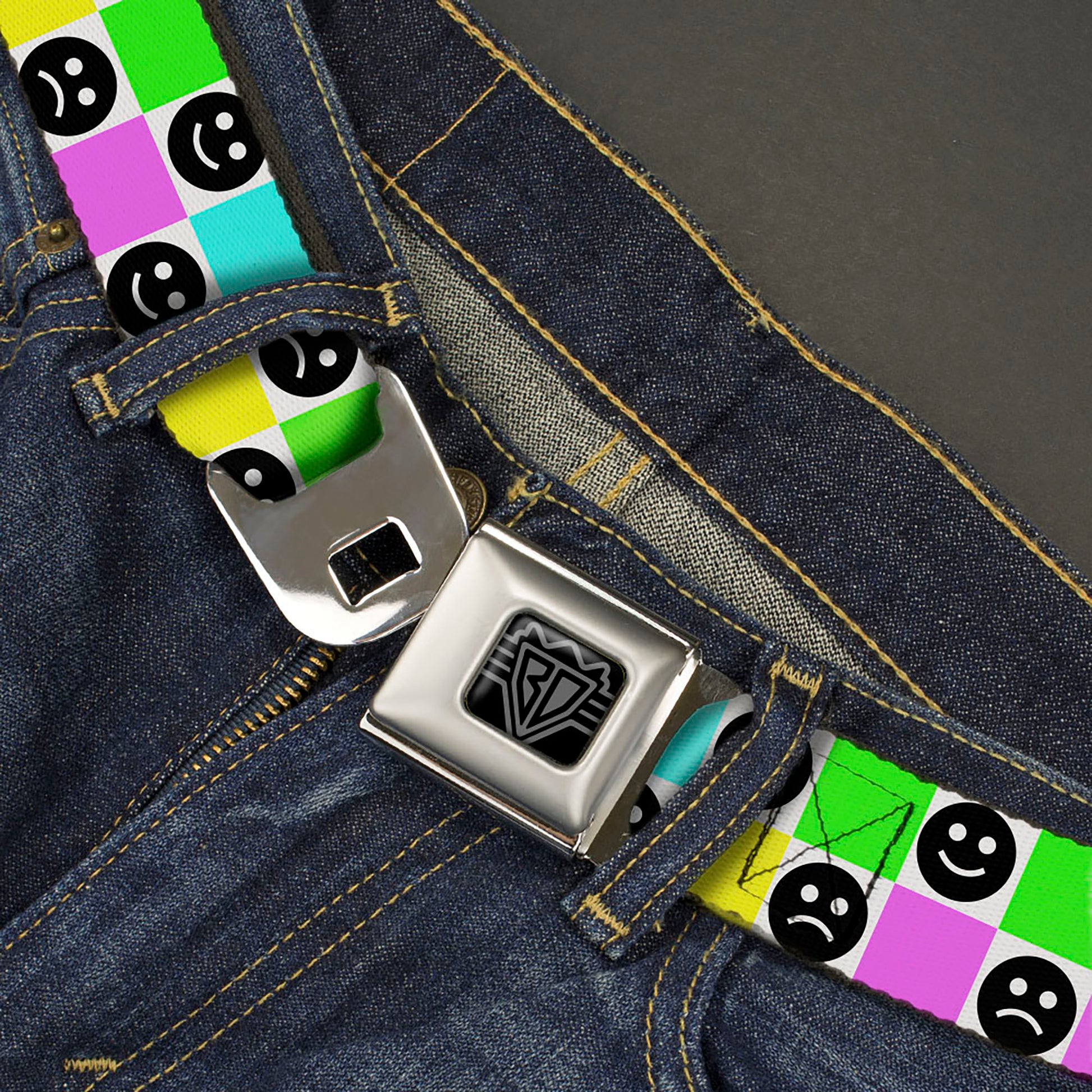 BD Wings Logo CLOSE-UP Black/Silver Seatbelt Belt - Smiley Sad Face Checker Multi Color/White Webbing Seatbelt Belts Buckle-Down