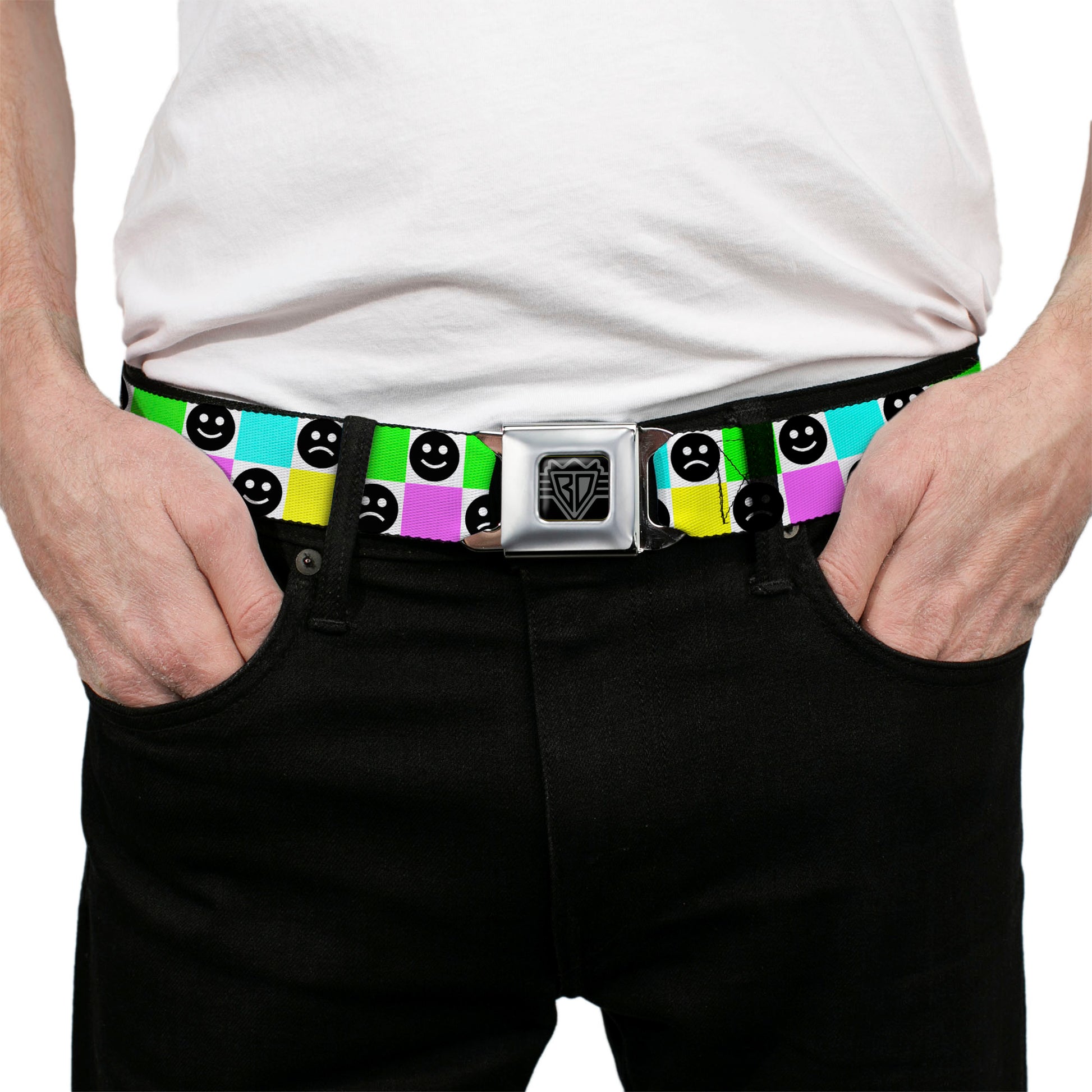 BD Wings Logo CLOSE-UP Black/Silver Seatbelt Belt - Smiley Sad Face Checker Multi Color/White Webbing Seatbelt Belts Buckle-Down