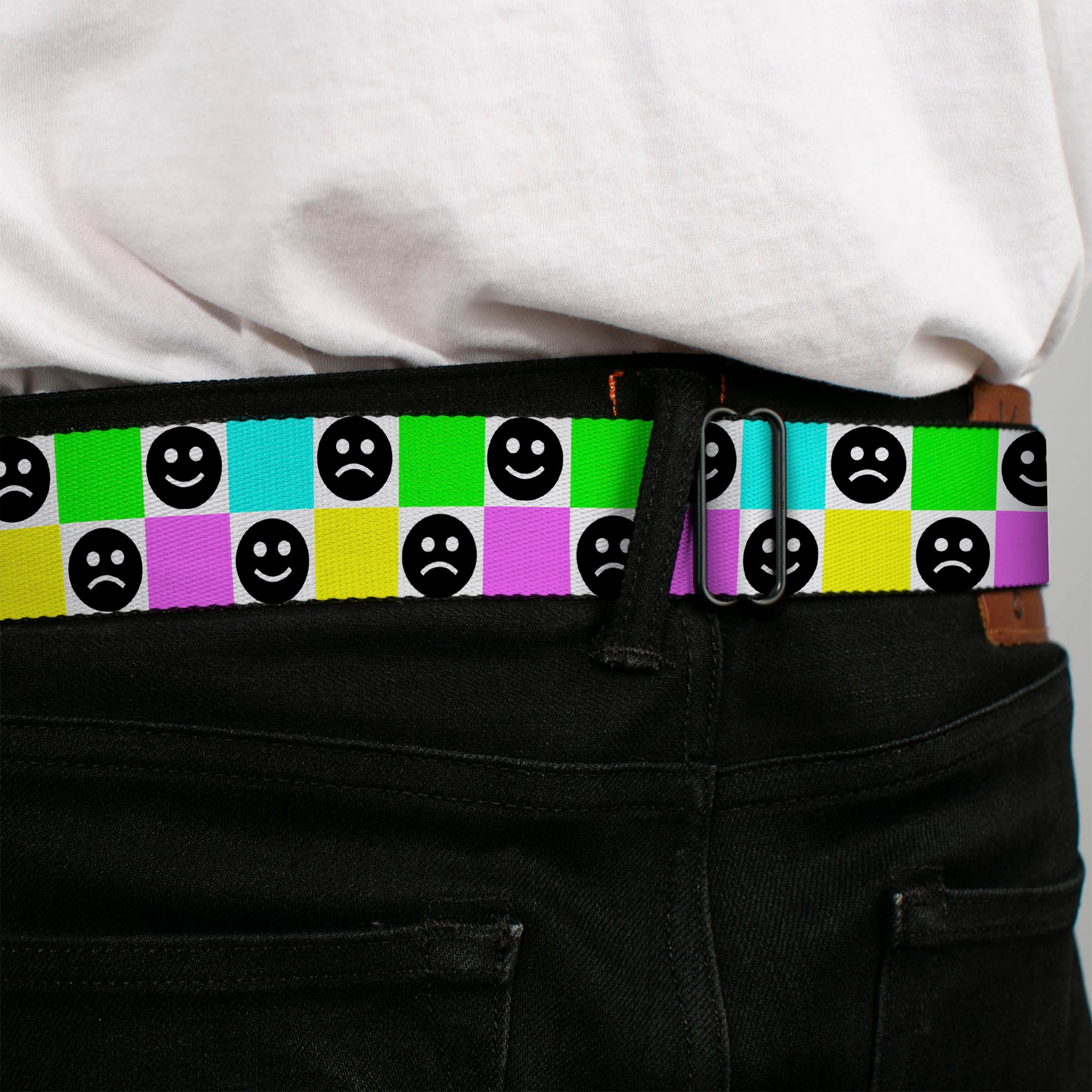 BD Wings Logo CLOSE-UP Black/Silver Seatbelt Belt - Smiley Sad Face Checker Multi Color/White Webbing Seatbelt Belts Buckle-Down