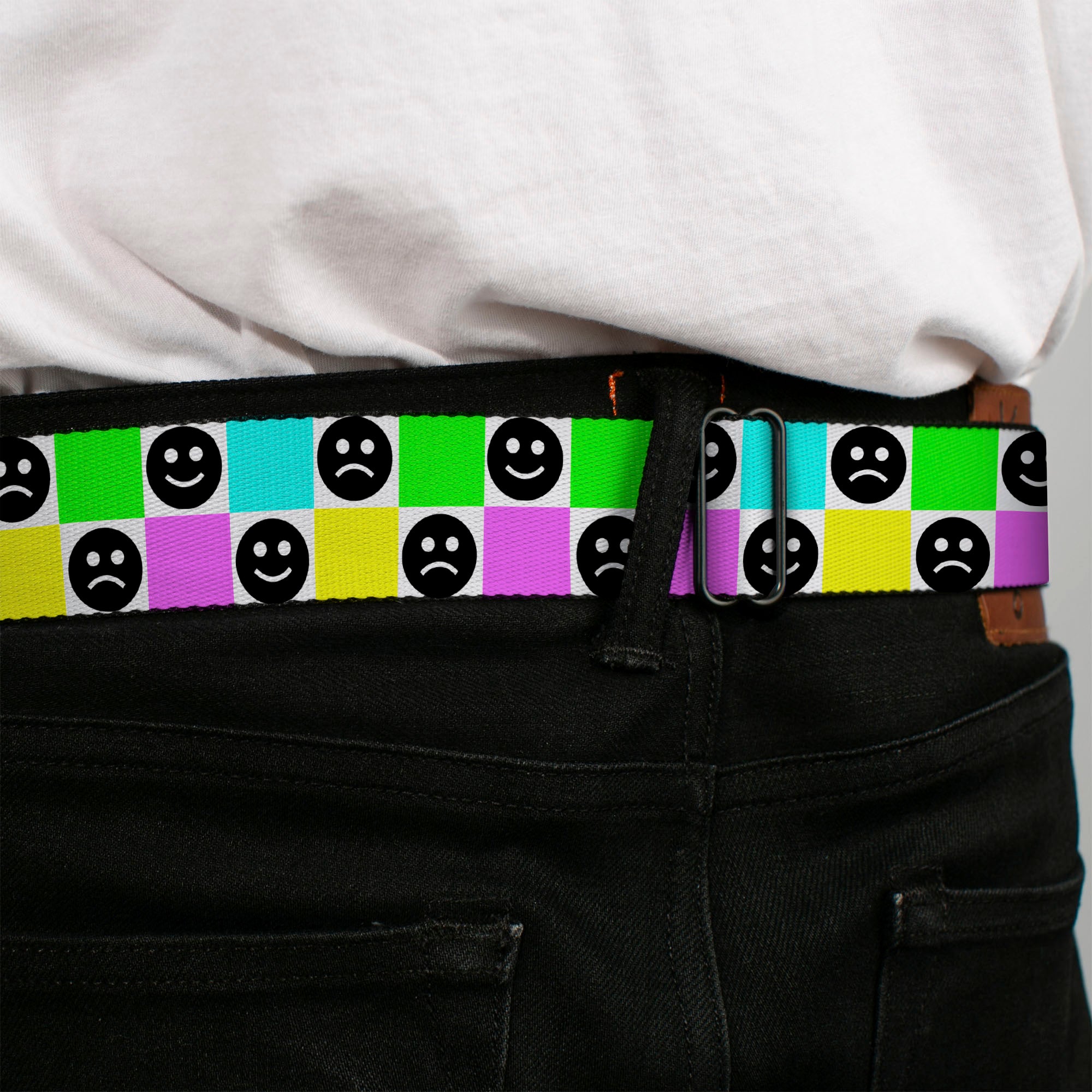 BD Wings Logo CLOSE-UP Black/Silver Seatbelt Belt - Smiley Sad Face Checker Multi Color/White Webbing Seatbelt Belts Buckle-Down