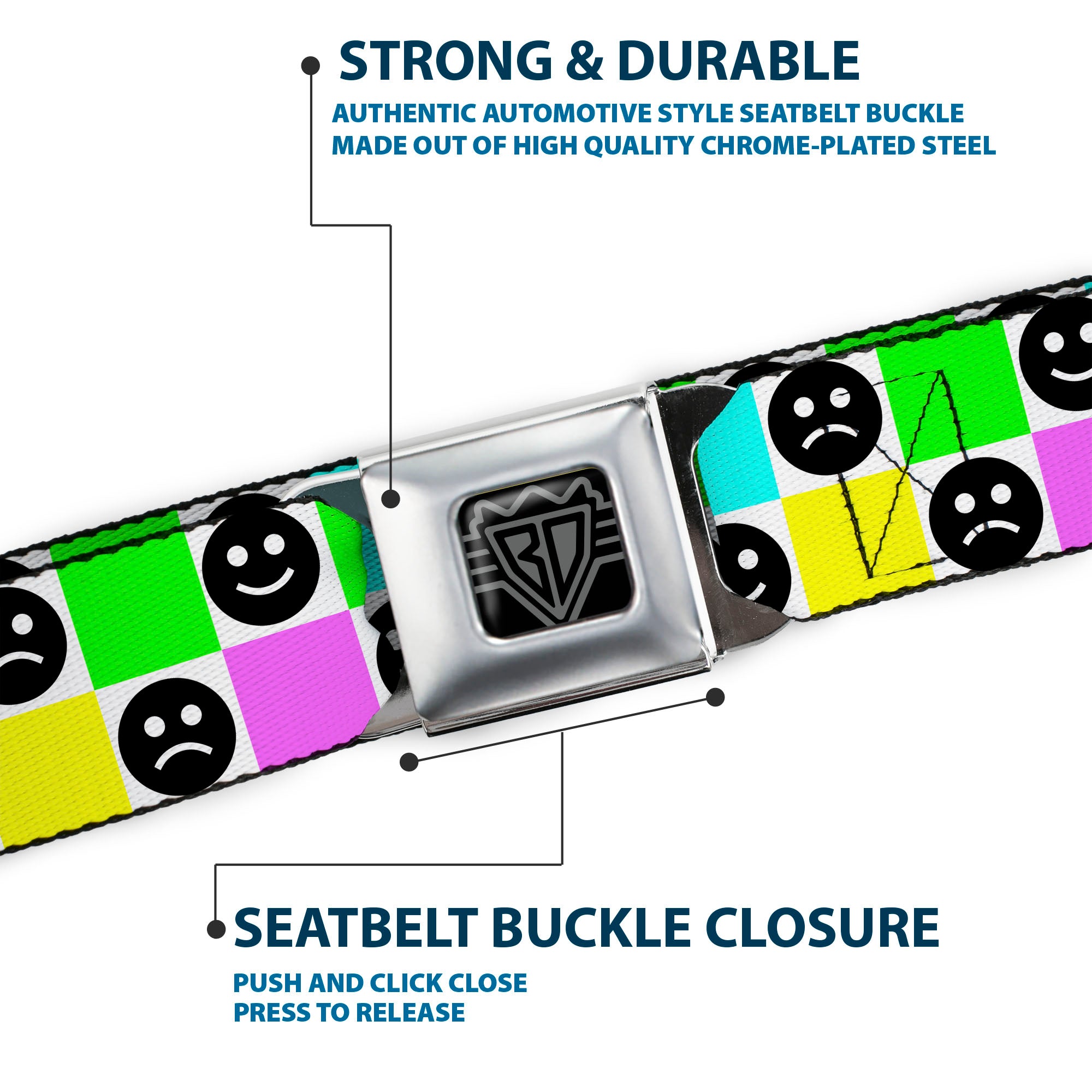 BD Wings Logo CLOSE-UP Black/Silver Seatbelt Belt - Smiley Sad Face Checker Multi Color/White Webbing Seatbelt Belts Buckle-Down