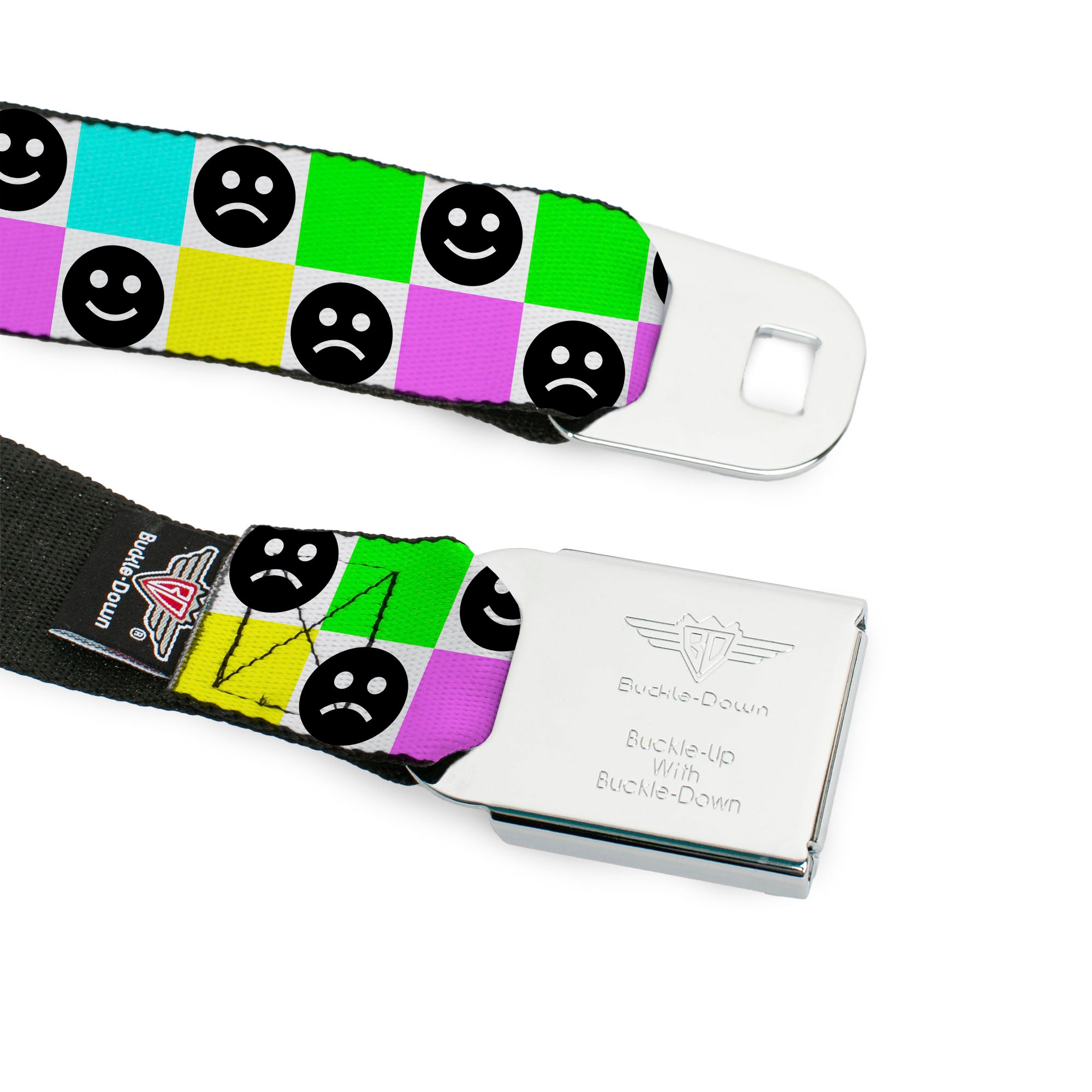 BD Wings Logo CLOSE-UP Black/Silver Seatbelt Belt - Smiley Sad Face Checker Multi Color/White Webbing Seatbelt Belts Buckle-Down