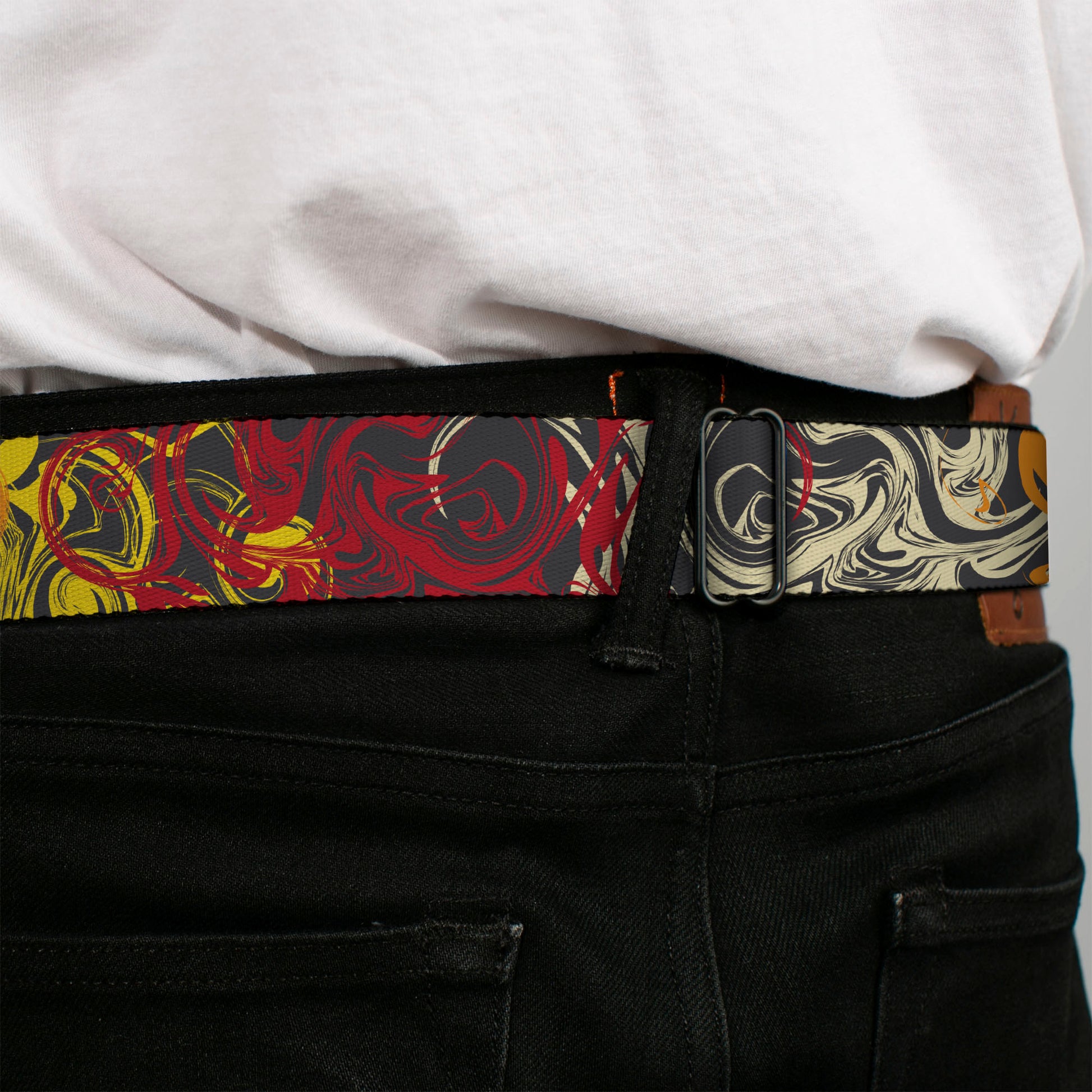 BD Wings Logo CLOSE-UP Black/Silver Seatbelt Belt - Swirl Mix Gray/Multi Color Webbing Seatbelt Belts Buckle-Down