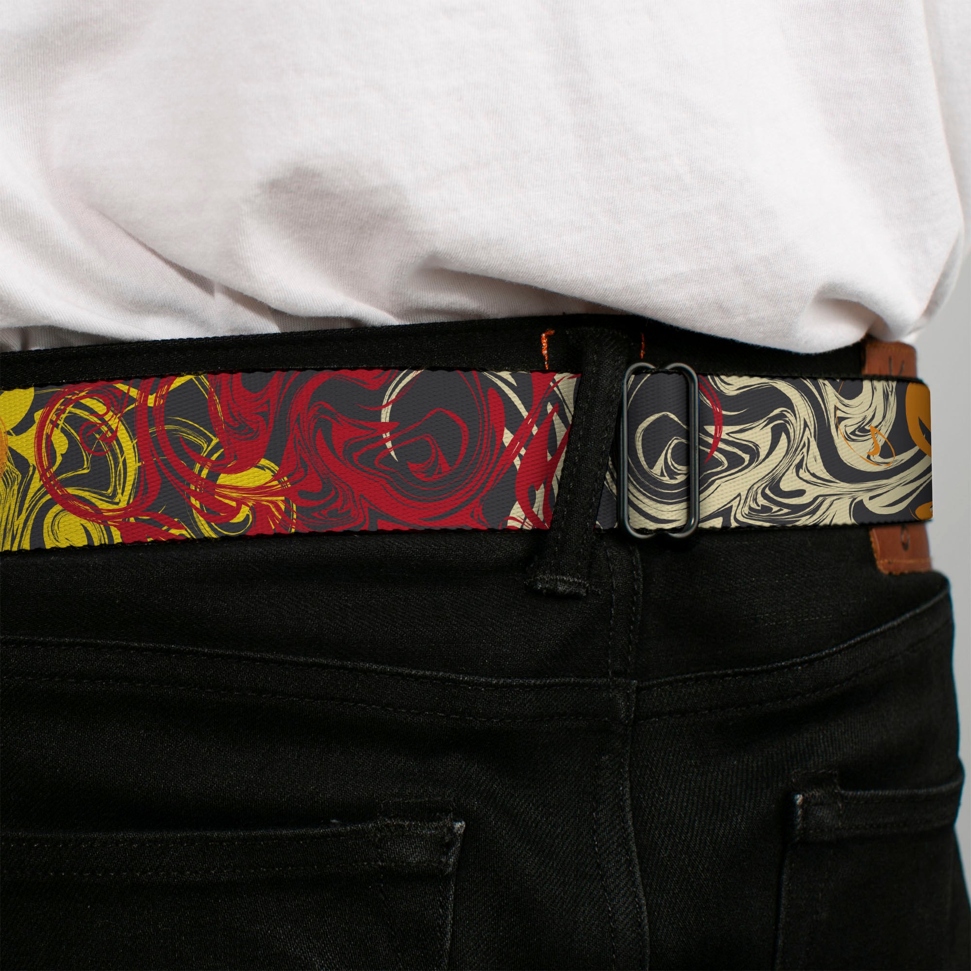 BD Wings Logo CLOSE-UP Black/Silver Seatbelt Belt - Swirl Mix Gray/Multi Color Webbing Seatbelt Belts Buckle-Down