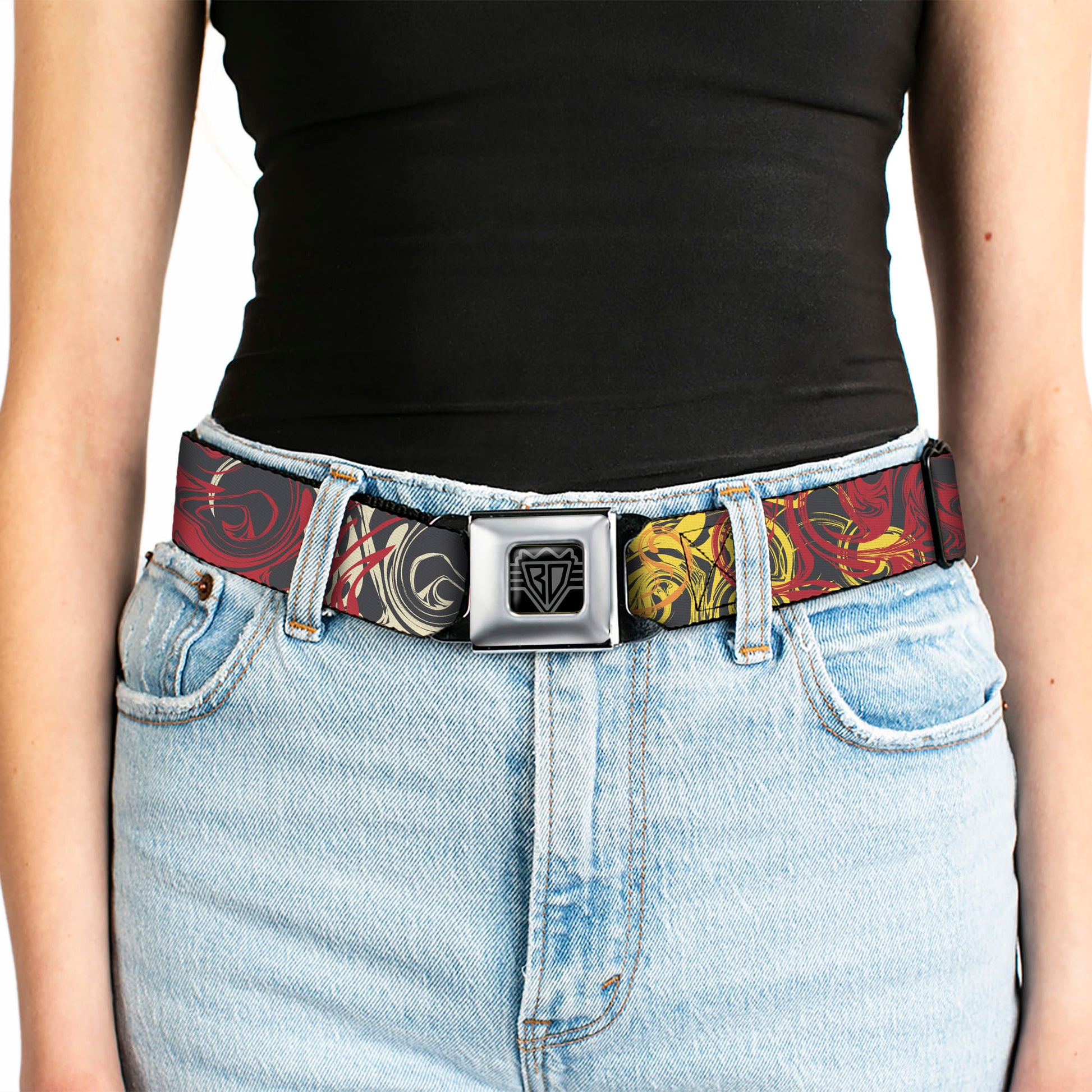 BD Wings Logo CLOSE-UP Black/Silver Seatbelt Belt - Swirl Mix Gray/Multi Color Webbing Seatbelt Belts Buckle-Down
