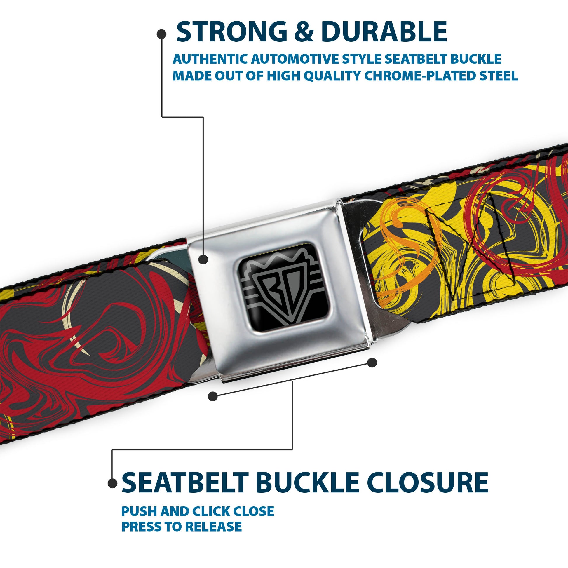 BD Wings Logo CLOSE-UP Black/Silver Seatbelt Belt - Swirl Mix Gray/Multi Color Webbing Seatbelt Belts Buckle-Down