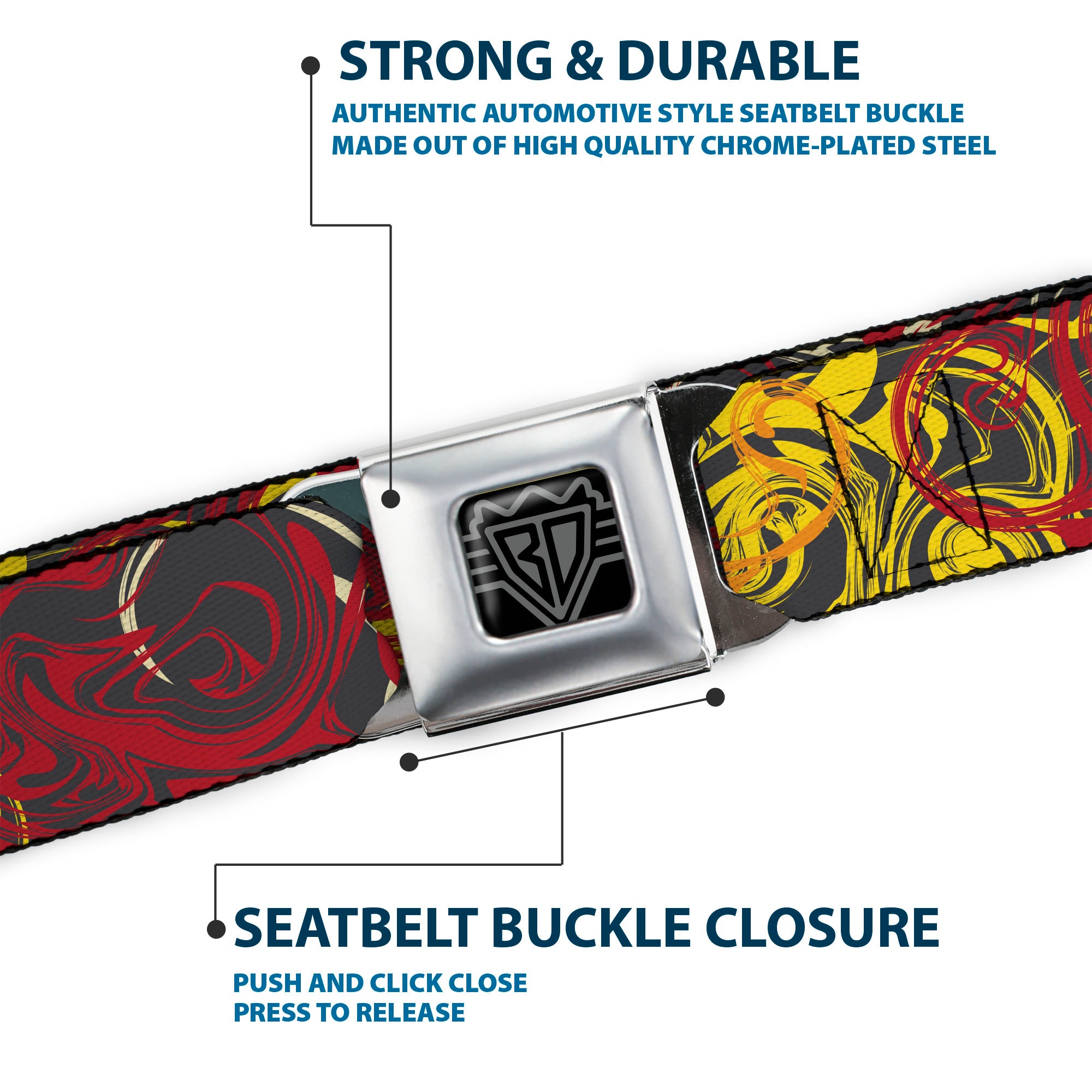 BD Wings Logo CLOSE-UP Black/Silver Seatbelt Belt - Swirl Mix Gray/Multi Color Webbing Seatbelt Belts Buckle-Down
