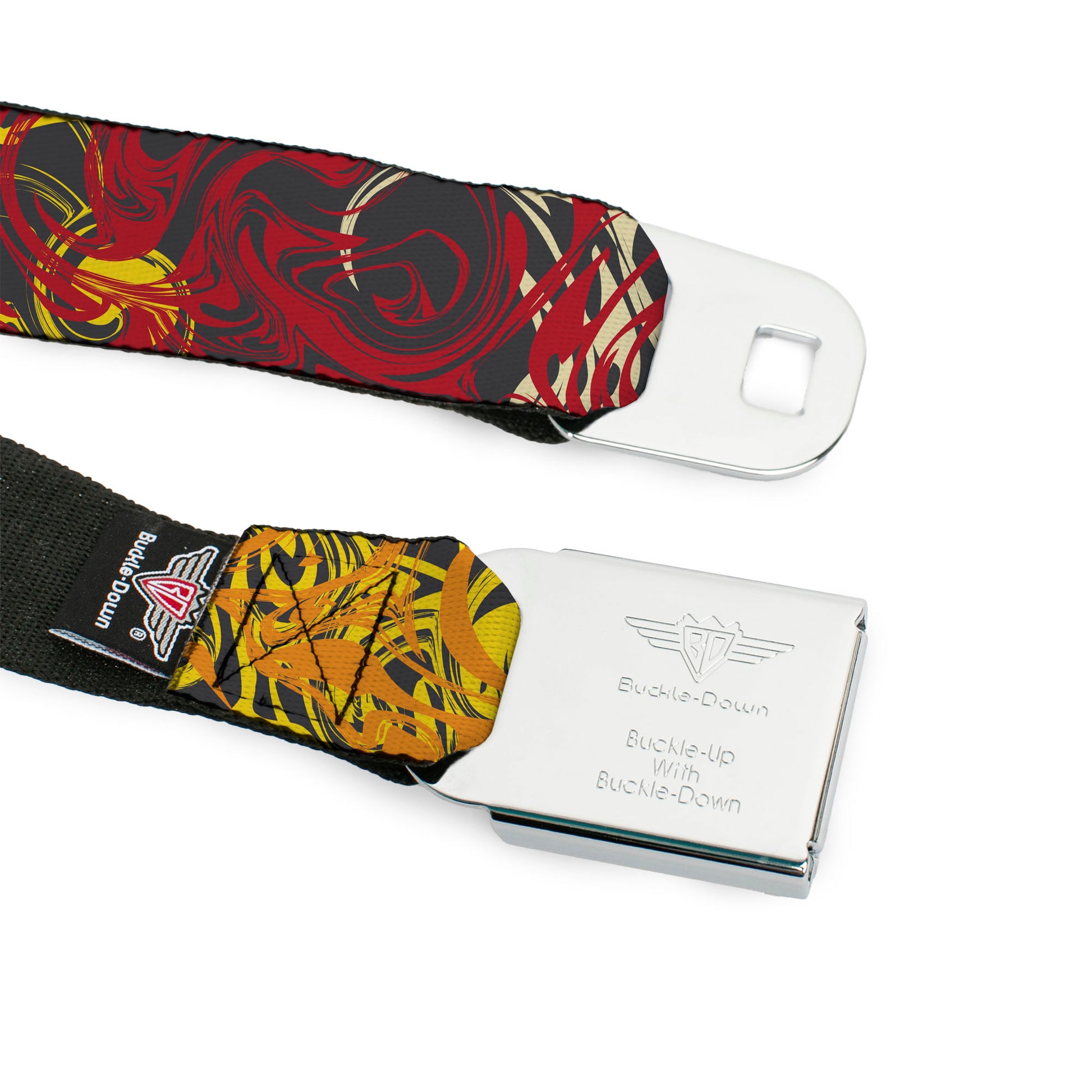 BD Wings Logo CLOSE-UP Black/Silver Seatbelt Belt - Swirl Mix Gray/Multi Color Webbing Seatbelt Belts Buckle-Down