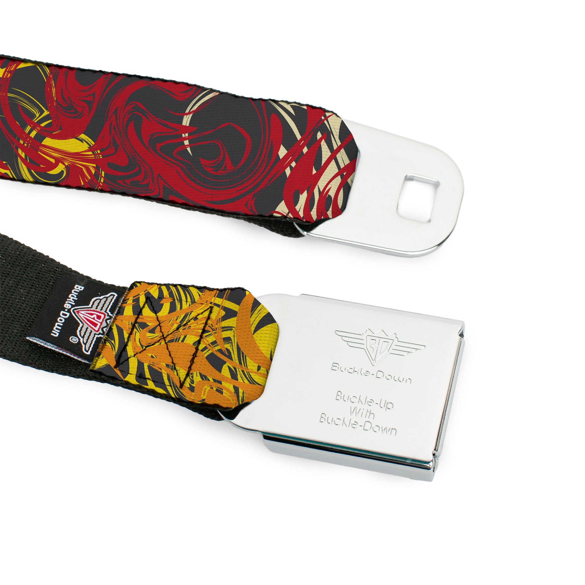 BD Wings Logo CLOSE-UP Black/Silver Seatbelt Belt - Swirl Mix Gray/Multi Color Webbing Seatbelt Belts Buckle-Down