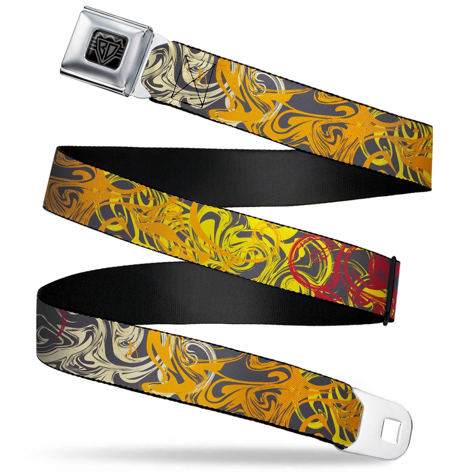 BD Wings Logo CLOSE-UP Black/Silver Seatbelt Belt - Swirl Mix Gray/Multi Color Webbing Seatbelt Belts Buckle-Down