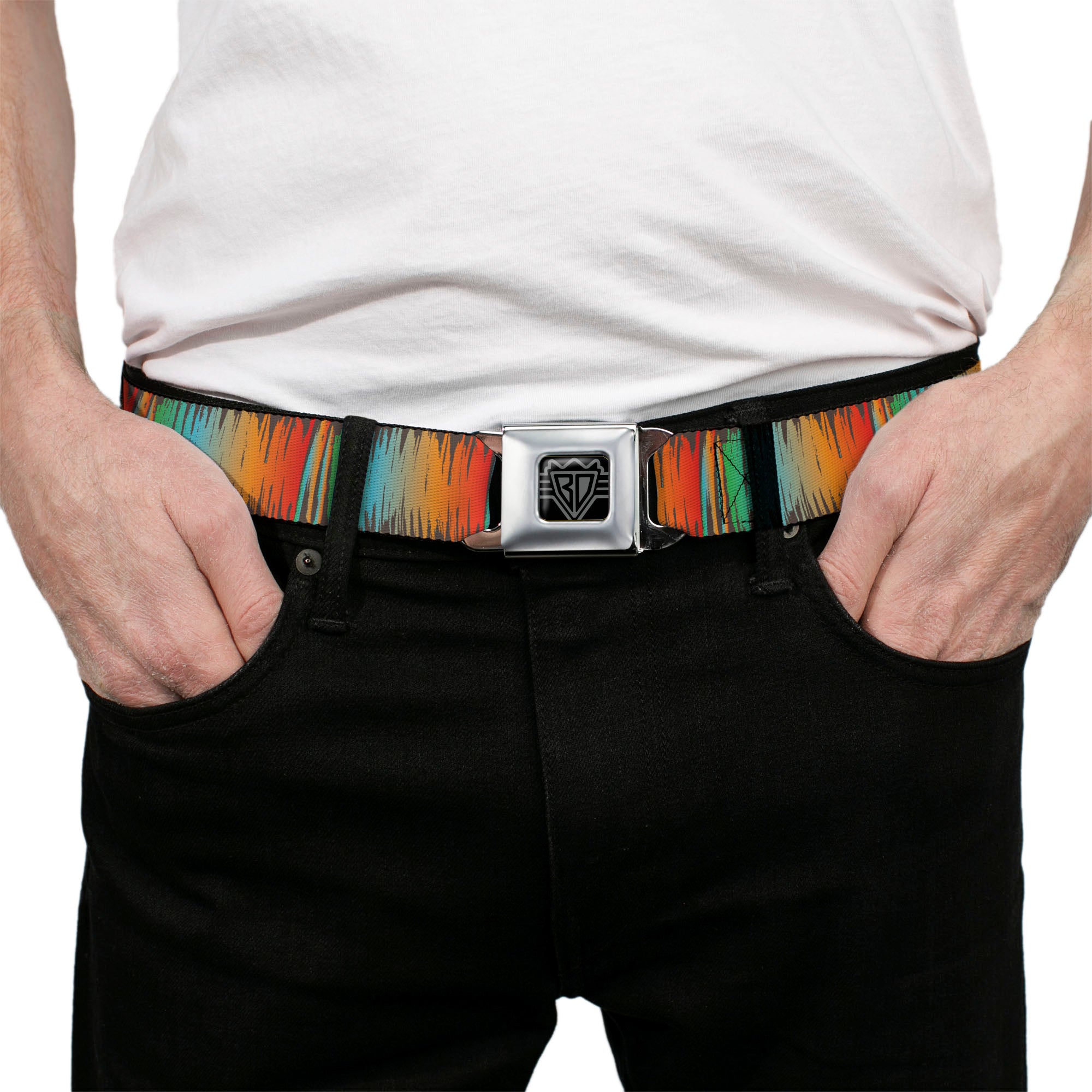 BD Wings Logo CLOSE-UP Black/Silver Seatbelt Belt - Scribble Zarape Fade Brown/Multi Color Webbing Seatbelt Belts Buckle-Down