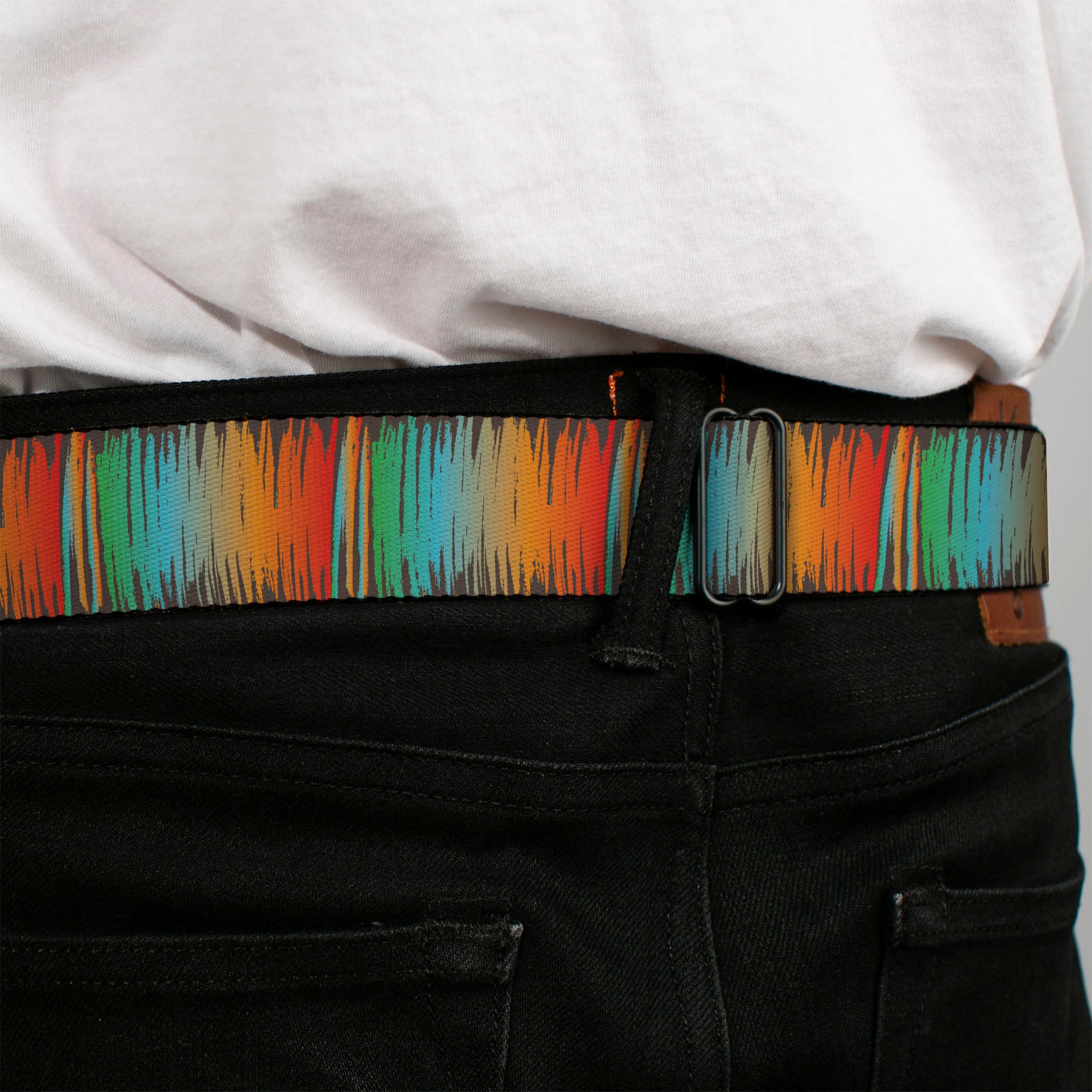 BD Wings Logo CLOSE-UP Black/Silver Seatbelt Belt - Scribble Zarape Fade Brown/Multi Color Webbing Seatbelt Belts Buckle-Down