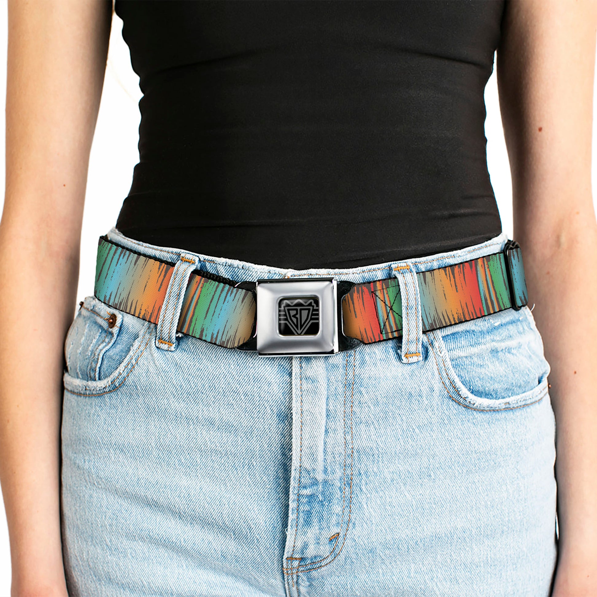 BD Wings Logo CLOSE-UP Black/Silver Seatbelt Belt - Scribble Zarape Fade Brown/Multi Color Webbing Seatbelt Belts Buckle-Down