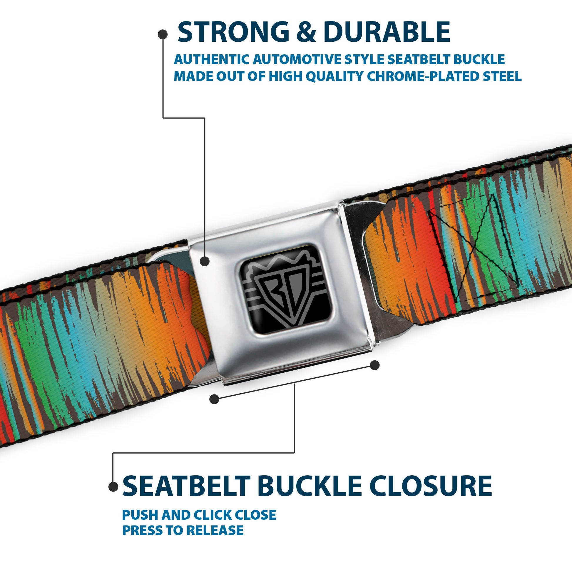 BD Wings Logo CLOSE-UP Black/Silver Seatbelt Belt - Scribble Zarape Fade Brown/Multi Color Webbing Seatbelt Belts Buckle-Down