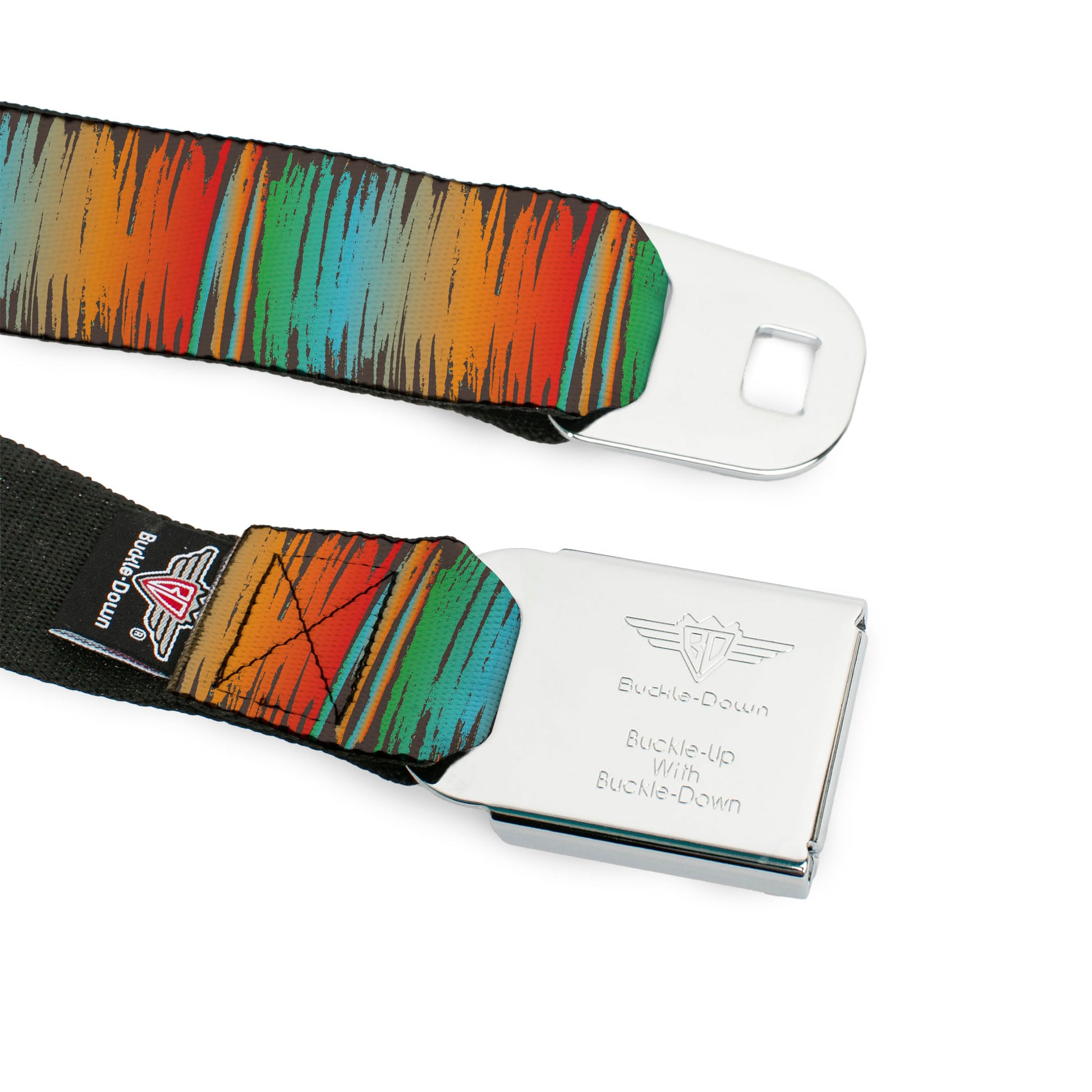 BD Wings Logo CLOSE-UP Black/Silver Seatbelt Belt - Scribble Zarape Fade Brown/Multi Color Webbing Seatbelt Belts Buckle-Down