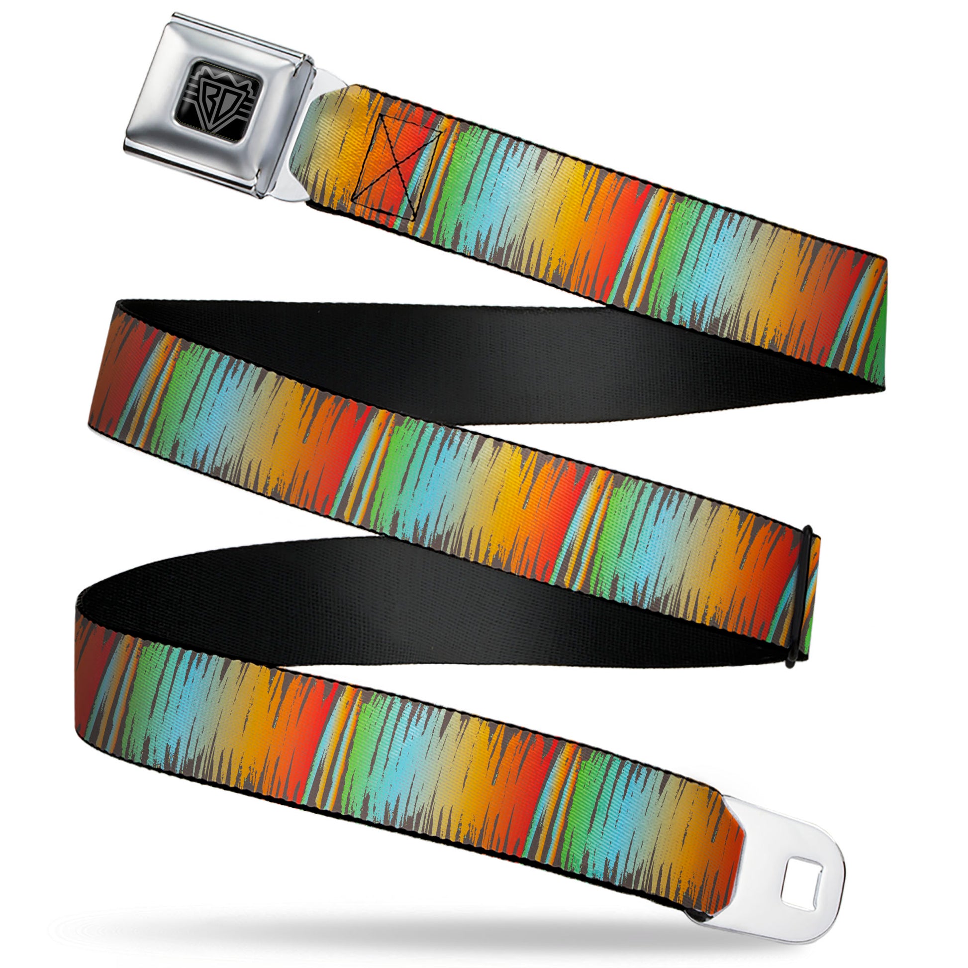 BD Wings Logo CLOSE-UP Black/Silver Seatbelt Belt - Scribble Zarape Fade Brown/Multi Color Webbing Seatbelt Belts Buckle-Down