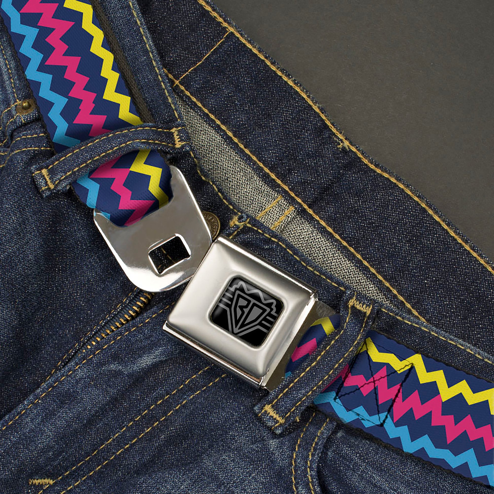 BD Wings Logo CLOSE-UP Black/Silver Seatbelt Belt - Scribble Zig Zag Stripe Navy/Multi Color Webbing Seatbelt Belts Buckle-Down