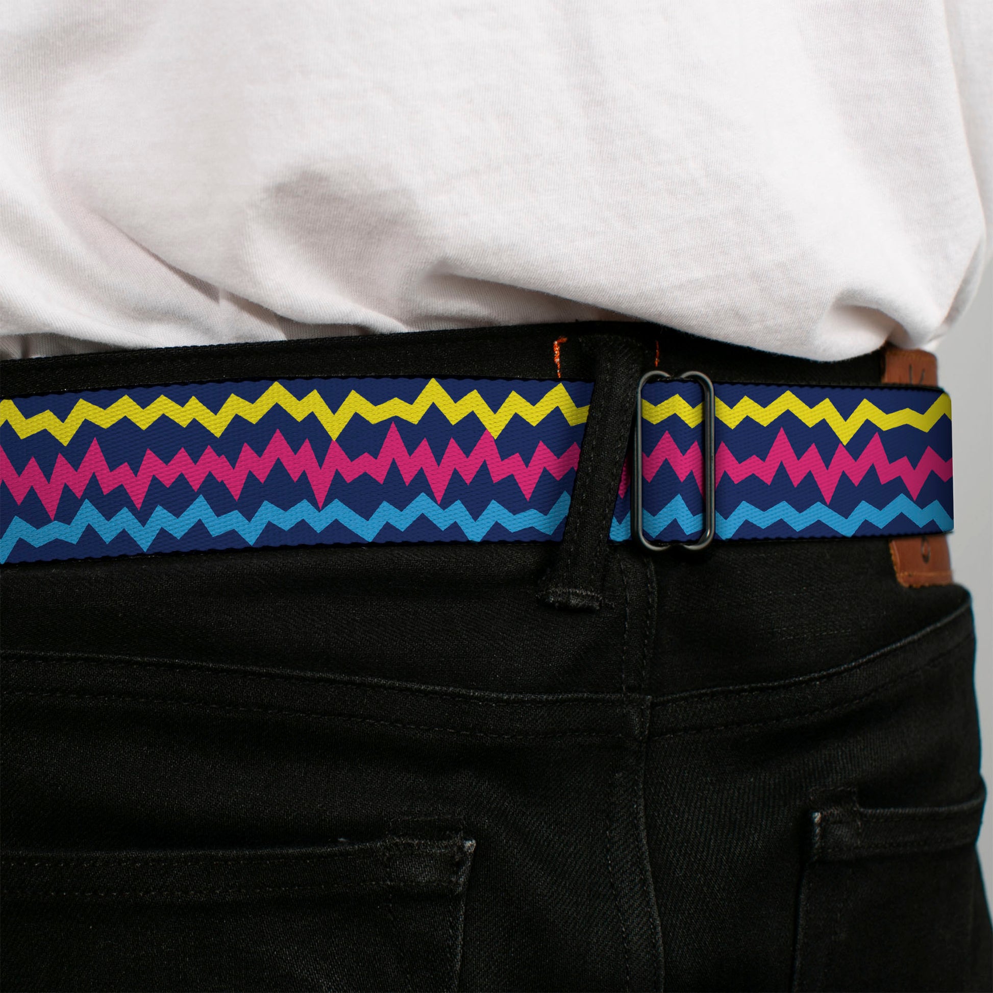 BD Wings Logo CLOSE-UP Black/Silver Seatbelt Belt - Scribble Zig Zag Stripe Navy/Multi Color Webbing Seatbelt Belts Buckle-Down