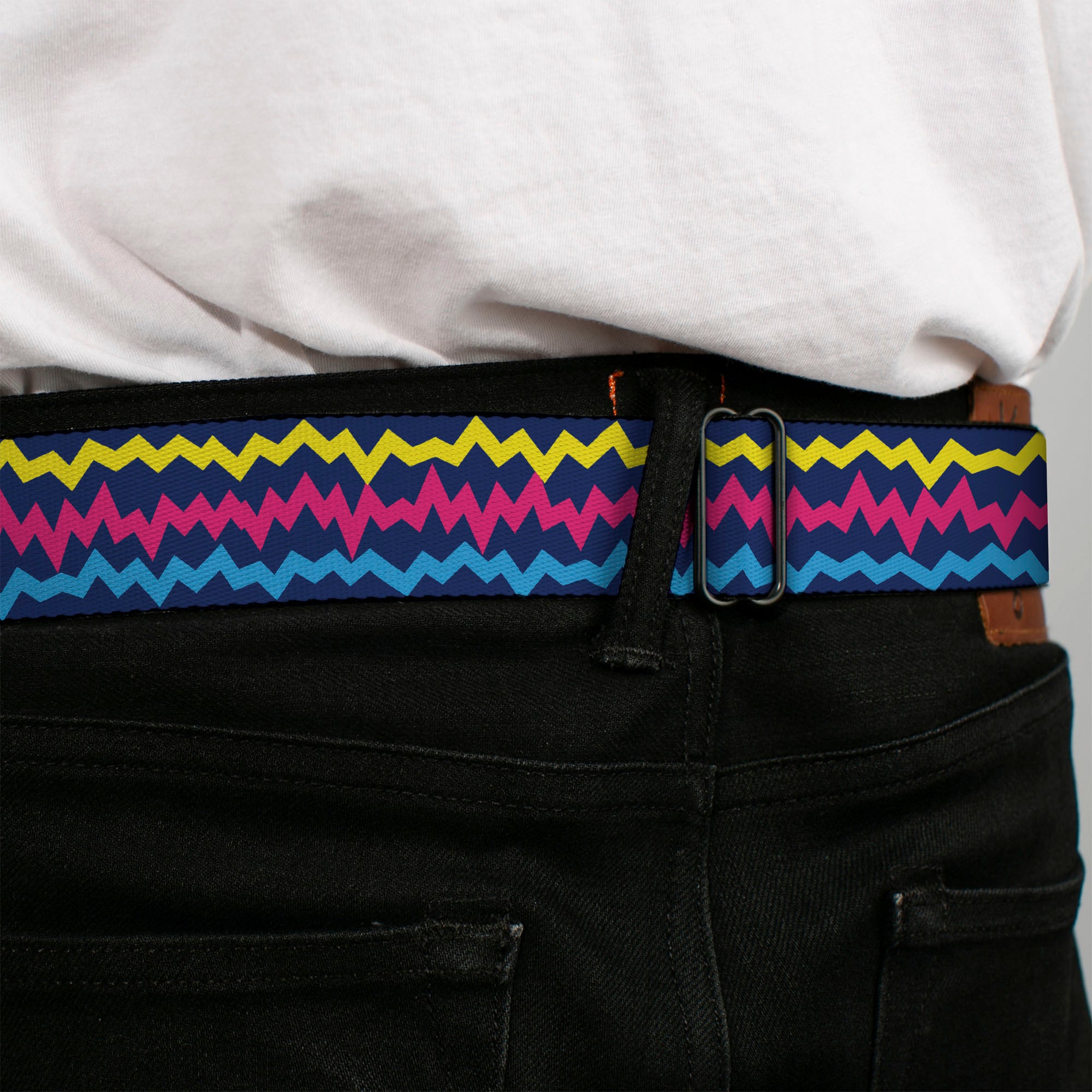 BD Wings Logo CLOSE-UP Black/Silver Seatbelt Belt - Scribble Zig Zag Stripe Navy/Multi Color Webbing Seatbelt Belts Buckle-Down