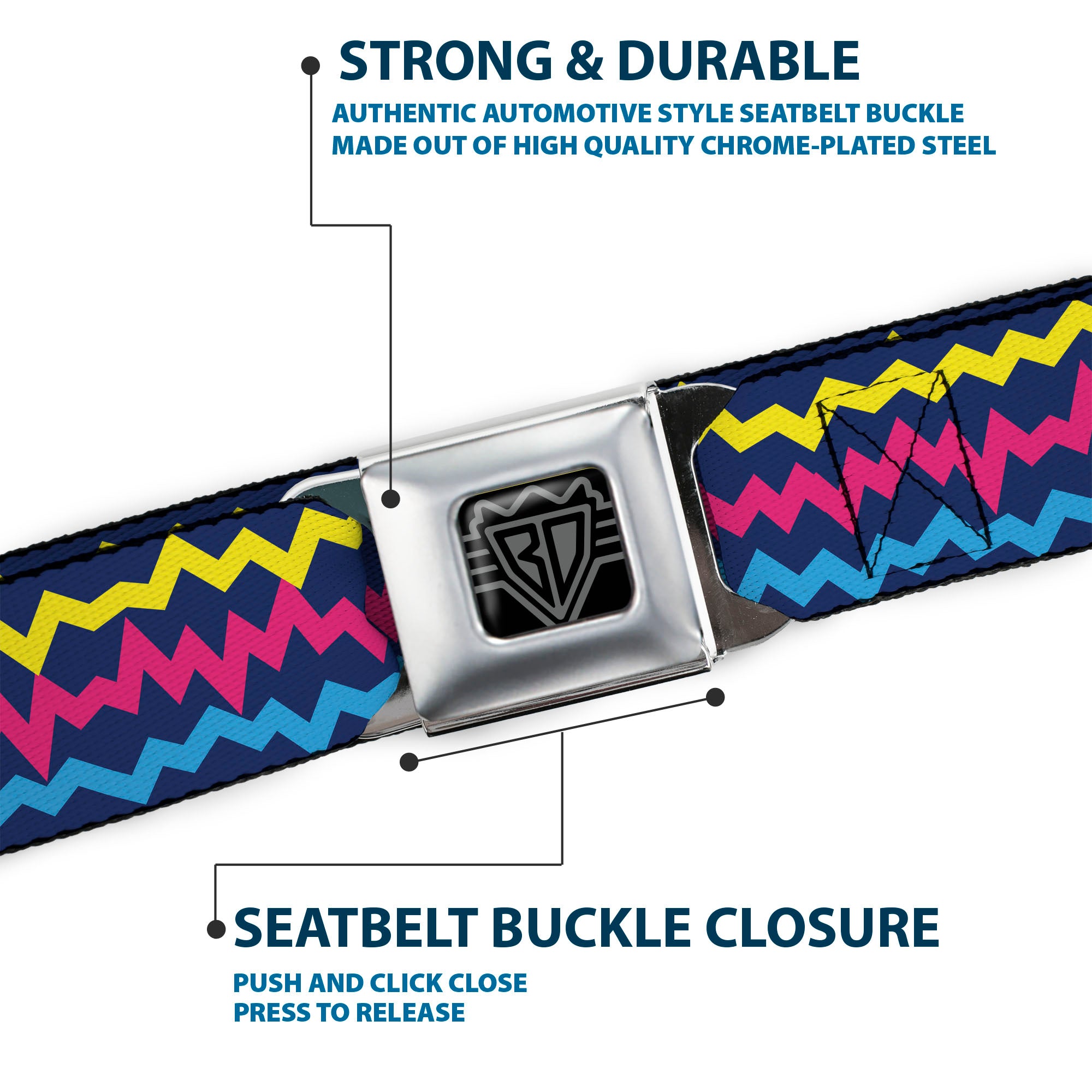 BD Wings Logo CLOSE-UP Black/Silver Seatbelt Belt - Scribble Zig Zag Stripe Navy/Multi Color Webbing Seatbelt Belts Buckle-Down
