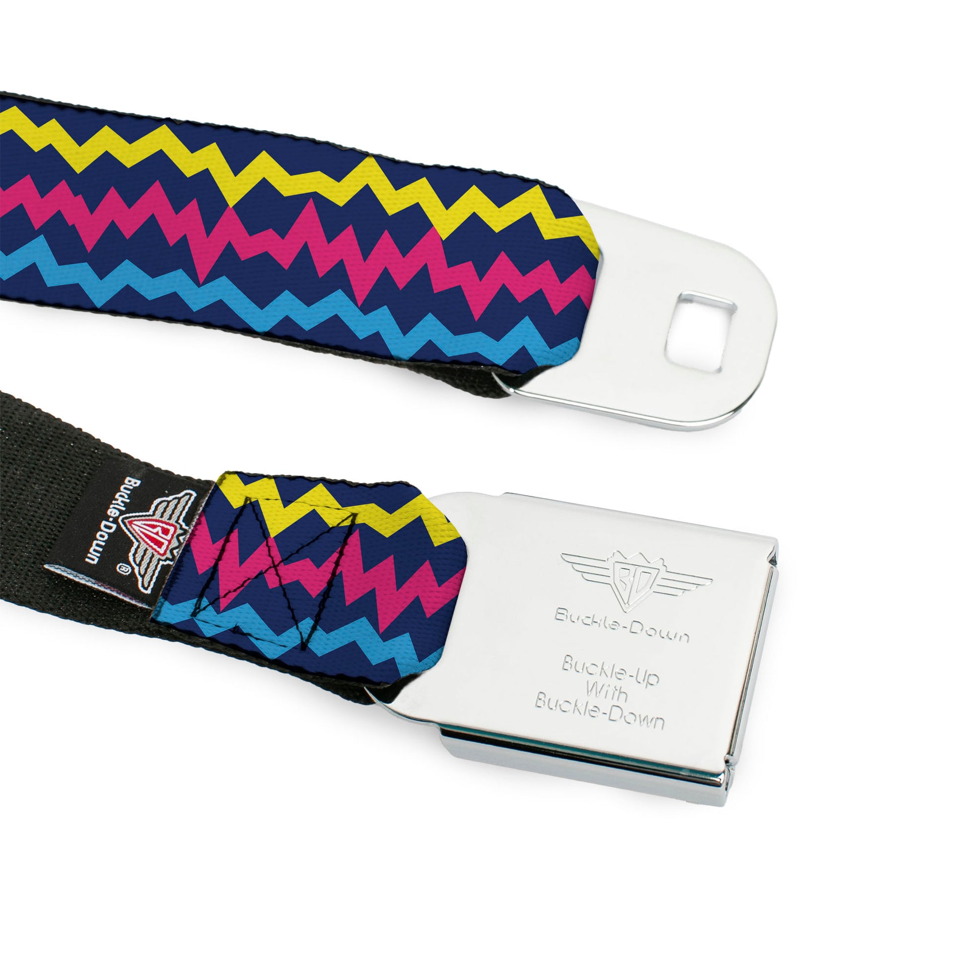 BD Wings Logo CLOSE-UP Black/Silver Seatbelt Belt - Scribble Zig Zag Stripe Navy/Multi Color Webbing Seatbelt Belts Buckle-Down