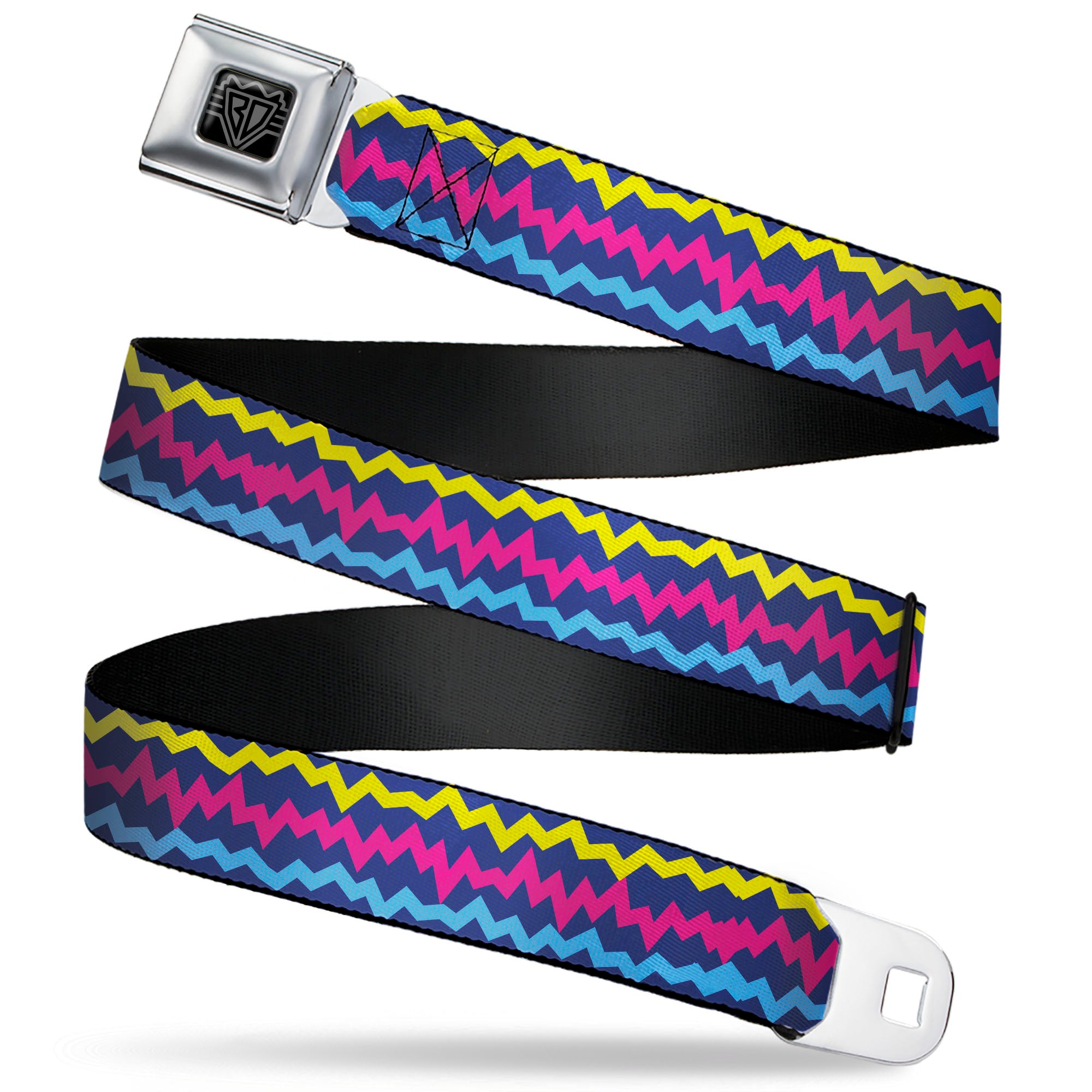 BD Wings Logo CLOSE-UP Black/Silver Seatbelt Belt - Scribble Zig Zag Stripe Navy/Multi Color Webbing Seatbelt Belts Buckle-Down