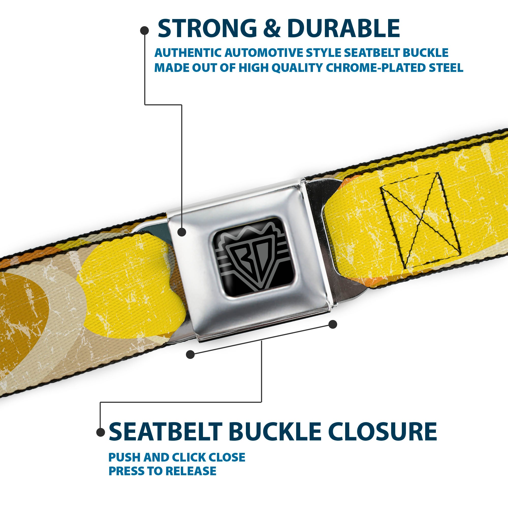 BD Wings Logo CLOSE-UP Black/Silver Seatbelt Belt - Spots Stacked Weathered Yellows/Browns Webbing Seatbelt Belts Buckle-Down