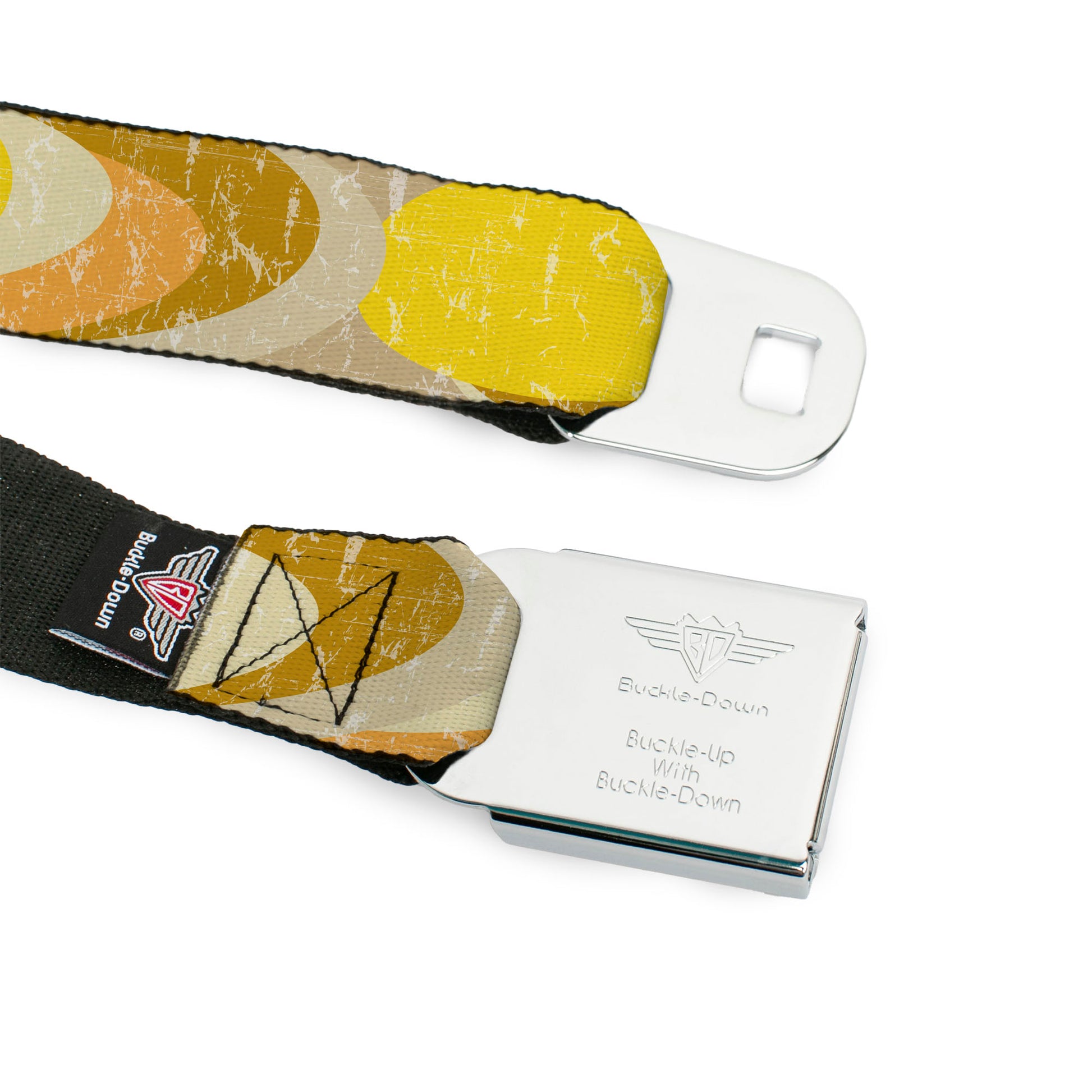 BD Wings Logo CLOSE-UP Black/Silver Seatbelt Belt - Spots Stacked Weathered Yellows/Browns Webbing Seatbelt Belts Buckle-Down