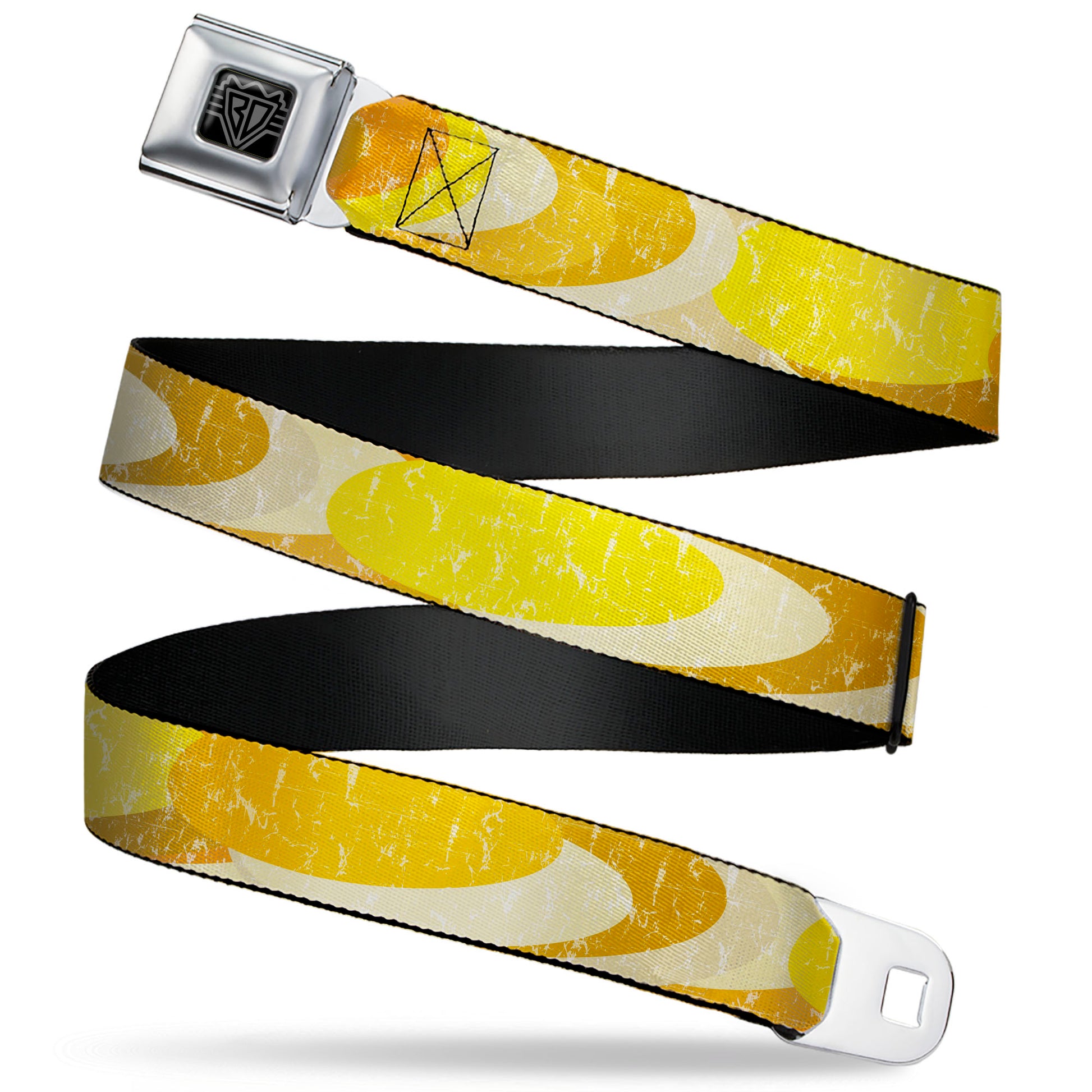 BD Wings Logo CLOSE-UP Black/Silver Seatbelt Belt - Spots Stacked Weathered Yellows/Browns Webbing Seatbelt Belts Buckle-Down