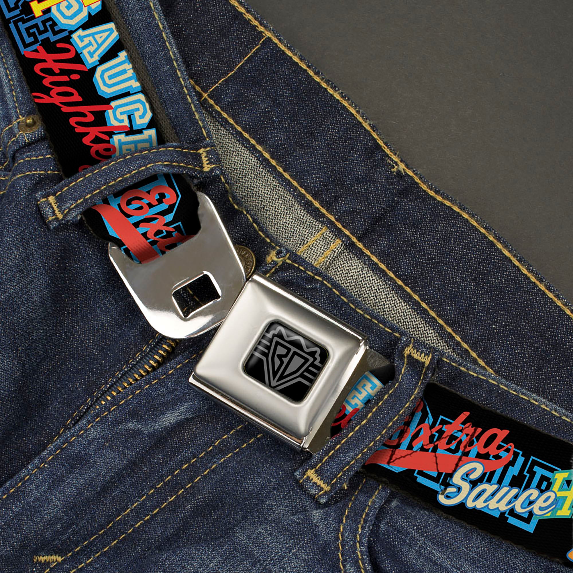 BD Wings Logo CLOSE-UP Black/Silver Seatbelt Belt - Slang Verbiage Stacked Black/Multi Color Webbing Seatbelt Belts Buckle-Down