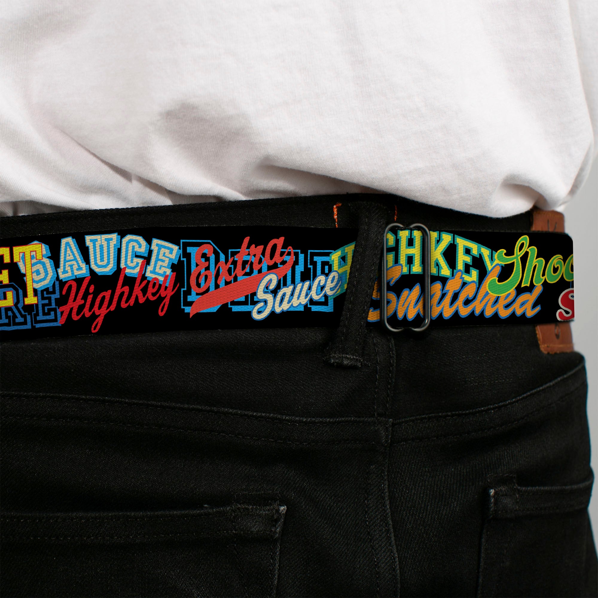 BD Wings Logo CLOSE-UP Black/Silver Seatbelt Belt - Slang Verbiage Stacked Black/Multi Color Webbing Seatbelt Belts Buckle-Down