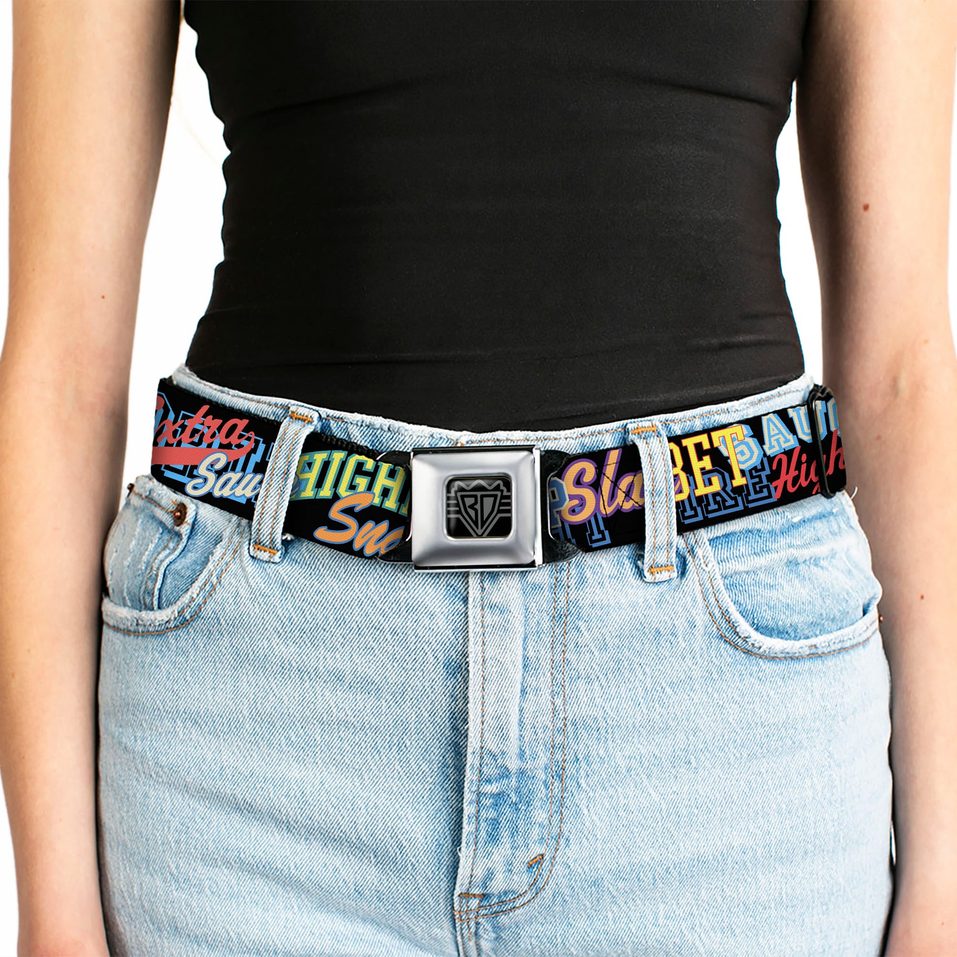 BD Wings Logo CLOSE-UP Black/Silver Seatbelt Belt - Slang Verbiage Stacked Black/Multi Color Webbing Seatbelt Belts Buckle-Down