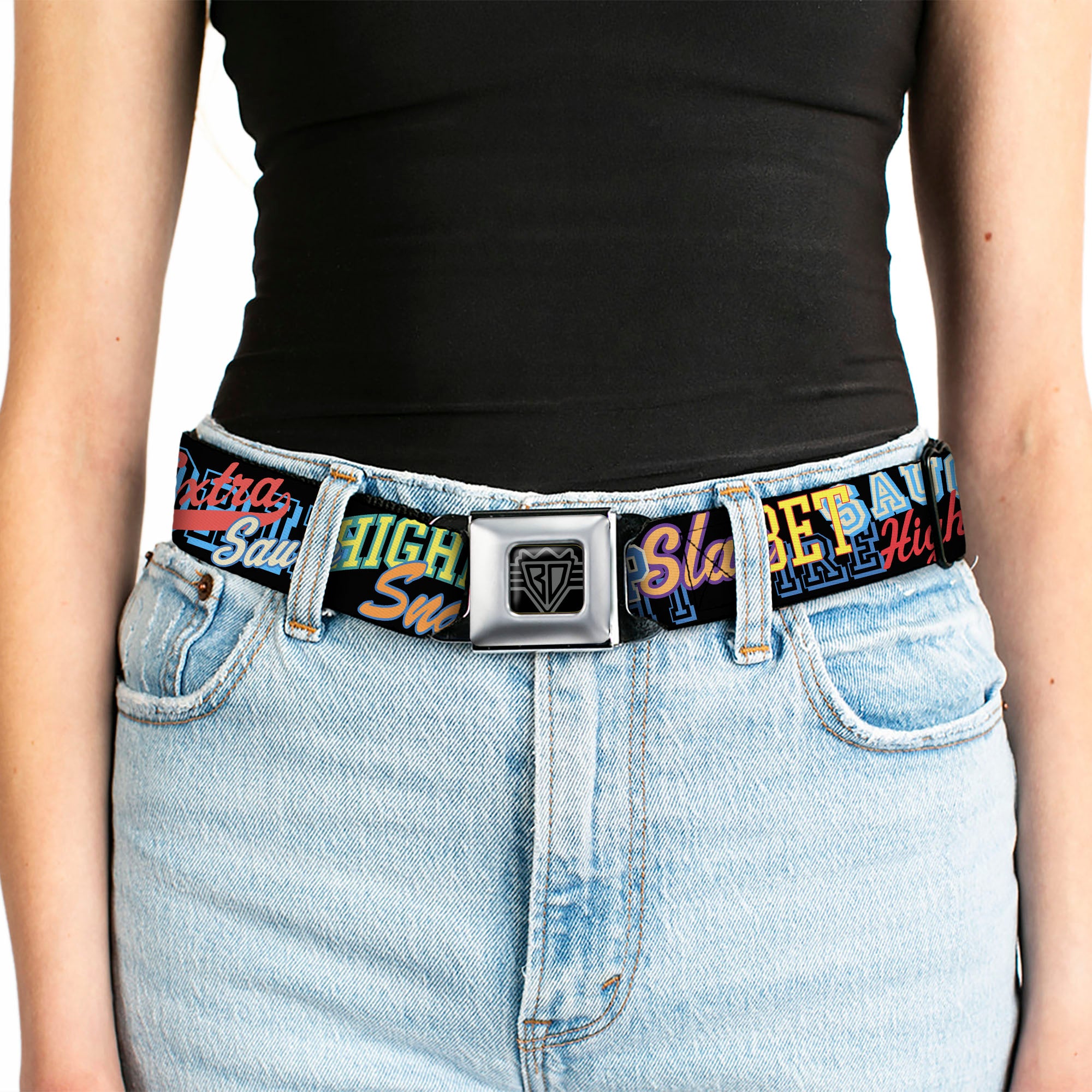 BD Wings Logo CLOSE-UP Black/Silver Seatbelt Belt - Slang Verbiage Stacked Black/Multi Color Webbing Seatbelt Belts Buckle-Down