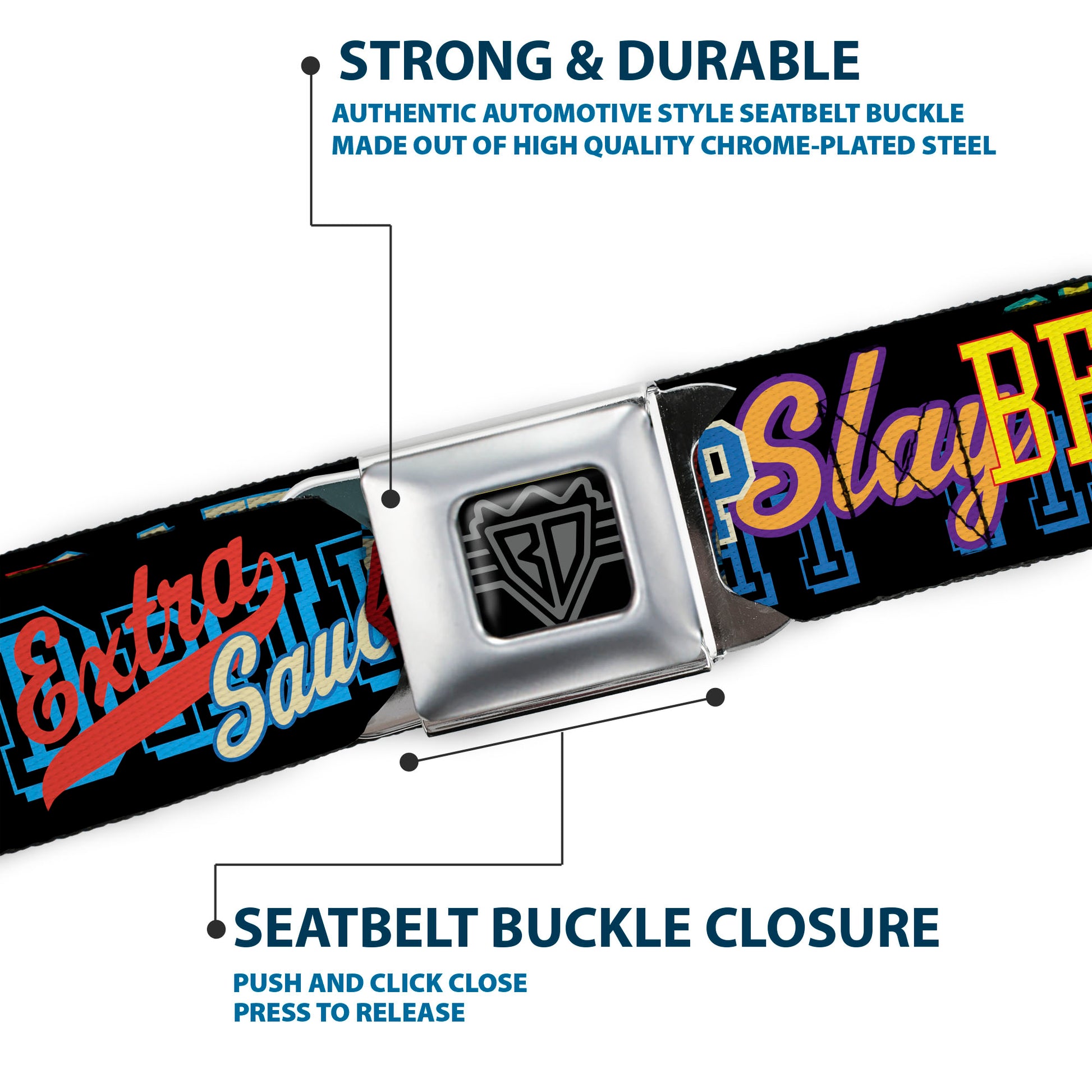 BD Wings Logo CLOSE-UP Black/Silver Seatbelt Belt - Slang Verbiage Stacked Black/Multi Color Webbing Seatbelt Belts Buckle-Down