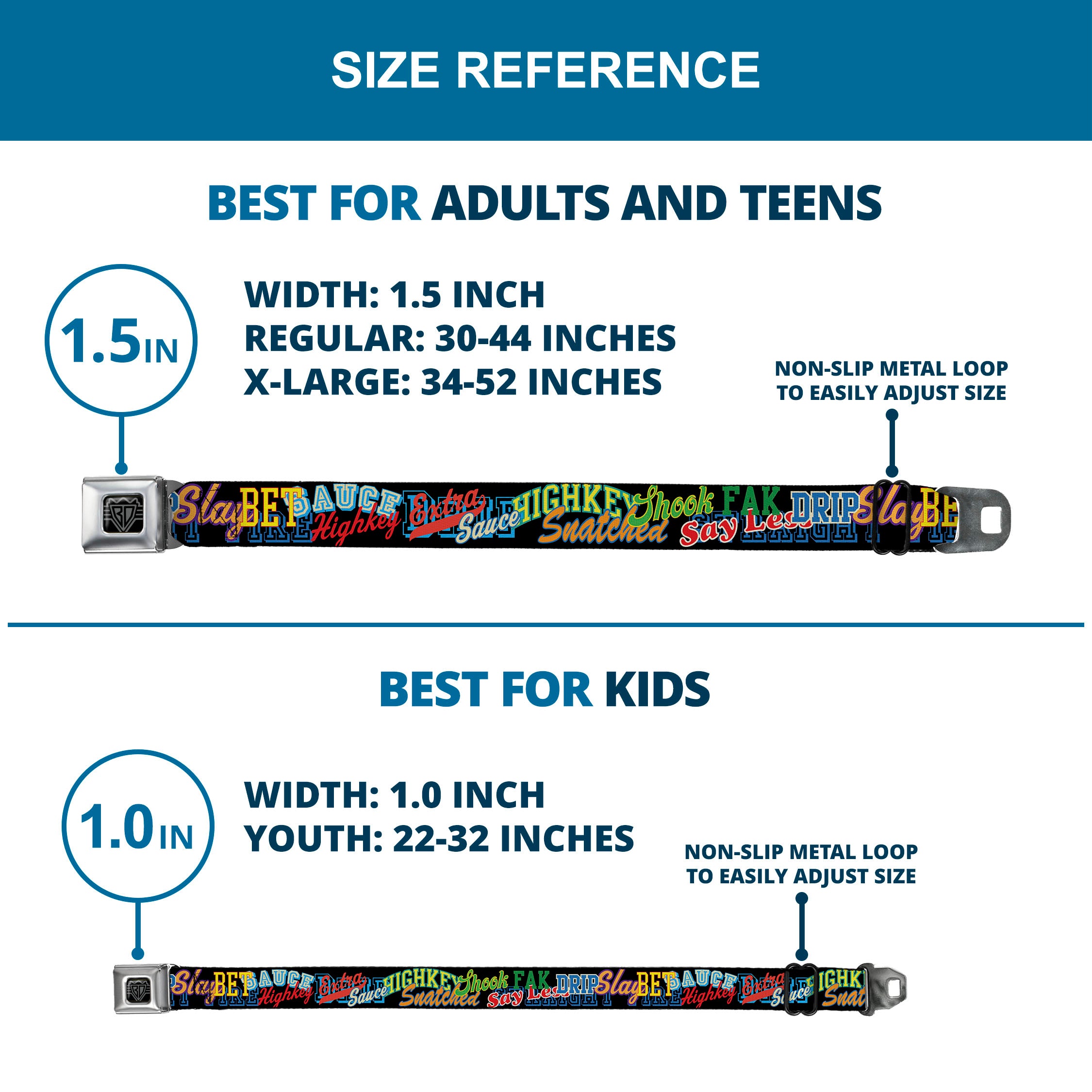 BD Wings Logo CLOSE-UP Black/Silver Seatbelt Belt - Slang Verbiage Stacked Black/Multi Color Webbing Seatbelt Belts Buckle-Down