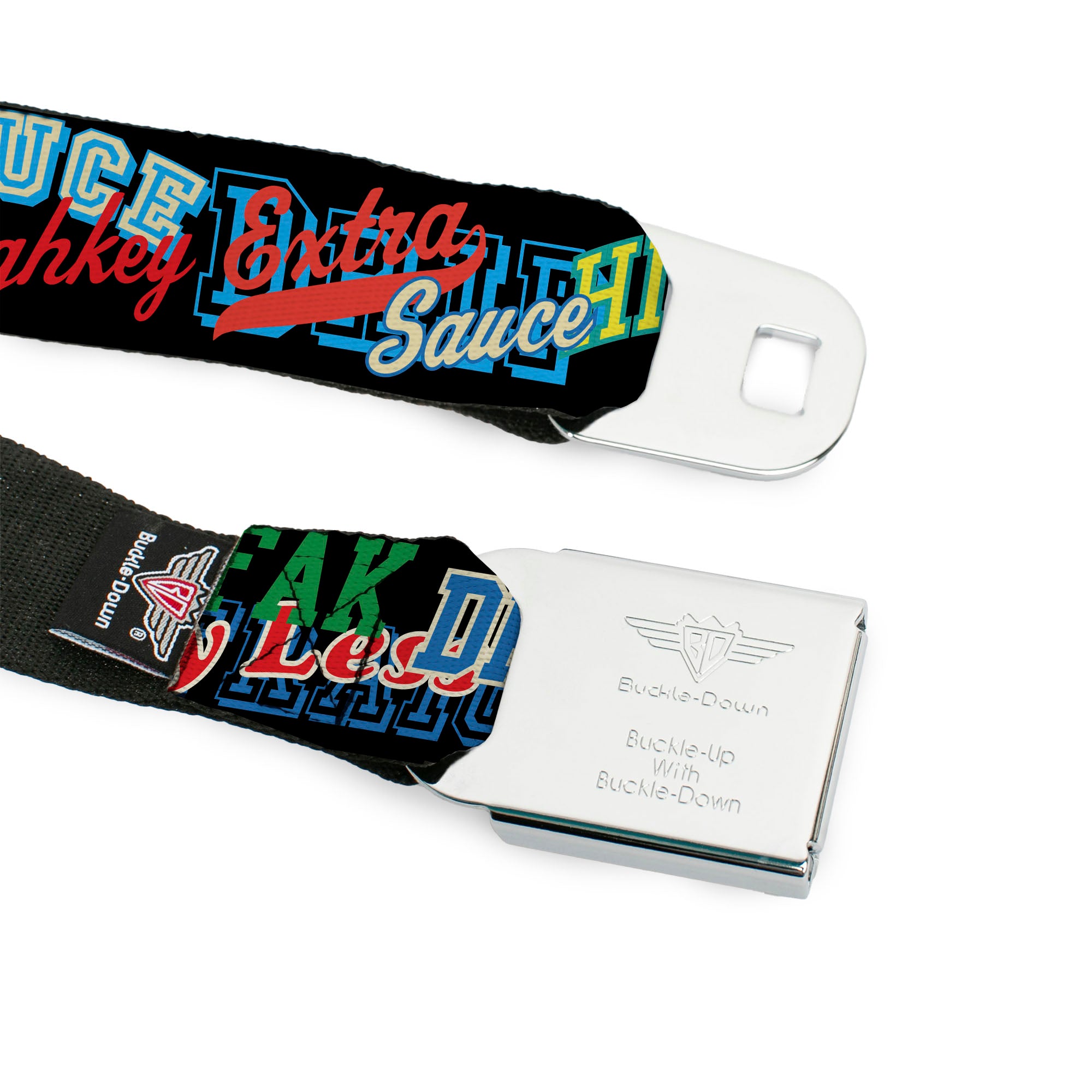 BD Wings Logo CLOSE-UP Black/Silver Seatbelt Belt - Slang Verbiage Stacked Black/Multi Color Webbing Seatbelt Belts Buckle-Down