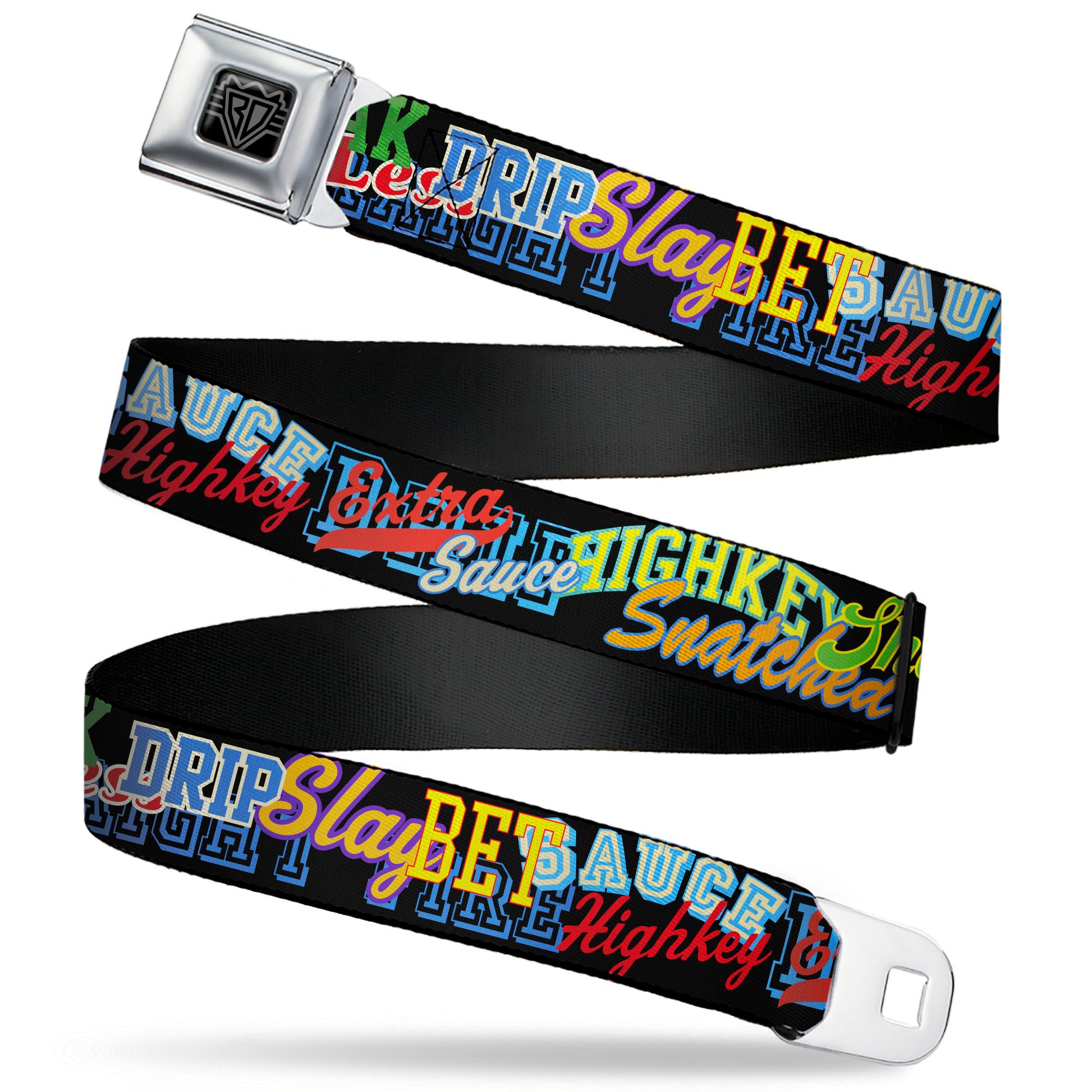 BD Wings Logo CLOSE-UP Black/Silver Seatbelt Belt - Slang Verbiage Stacked Black/Multi Color Webbing Seatbelt Belts Buckle-Down