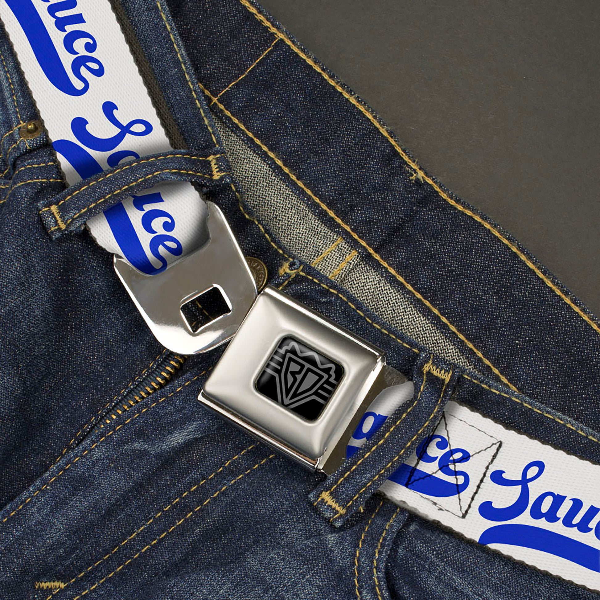 BD Wings Logo CLOSE-UP Black/Silver Seatbelt Belt - SAUCE Baseball Script White/Blue Webbing Seatbelt Belts Buckle-Down