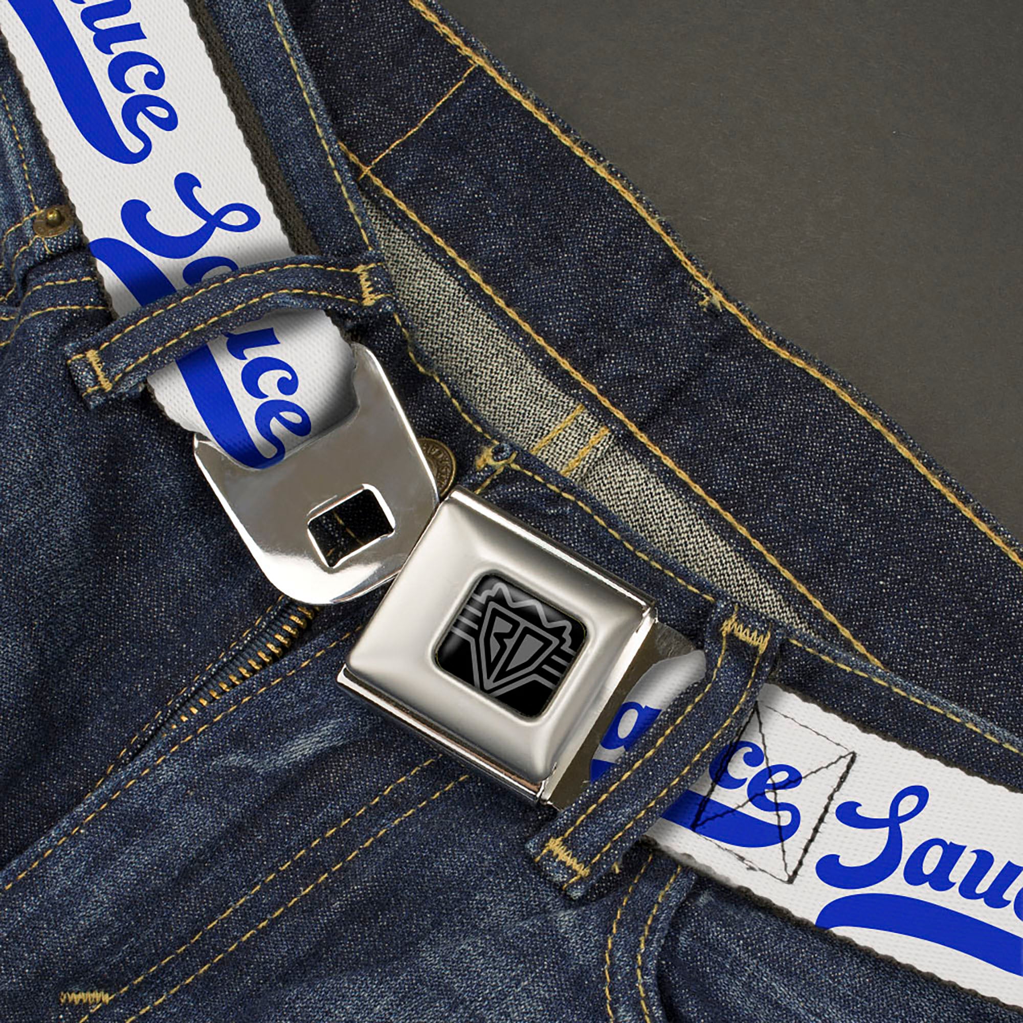 BD Wings Logo CLOSE-UP Black/Silver Seatbelt Belt - SAUCE Baseball Script White/Blue Webbing Seatbelt Belts Buckle-Down