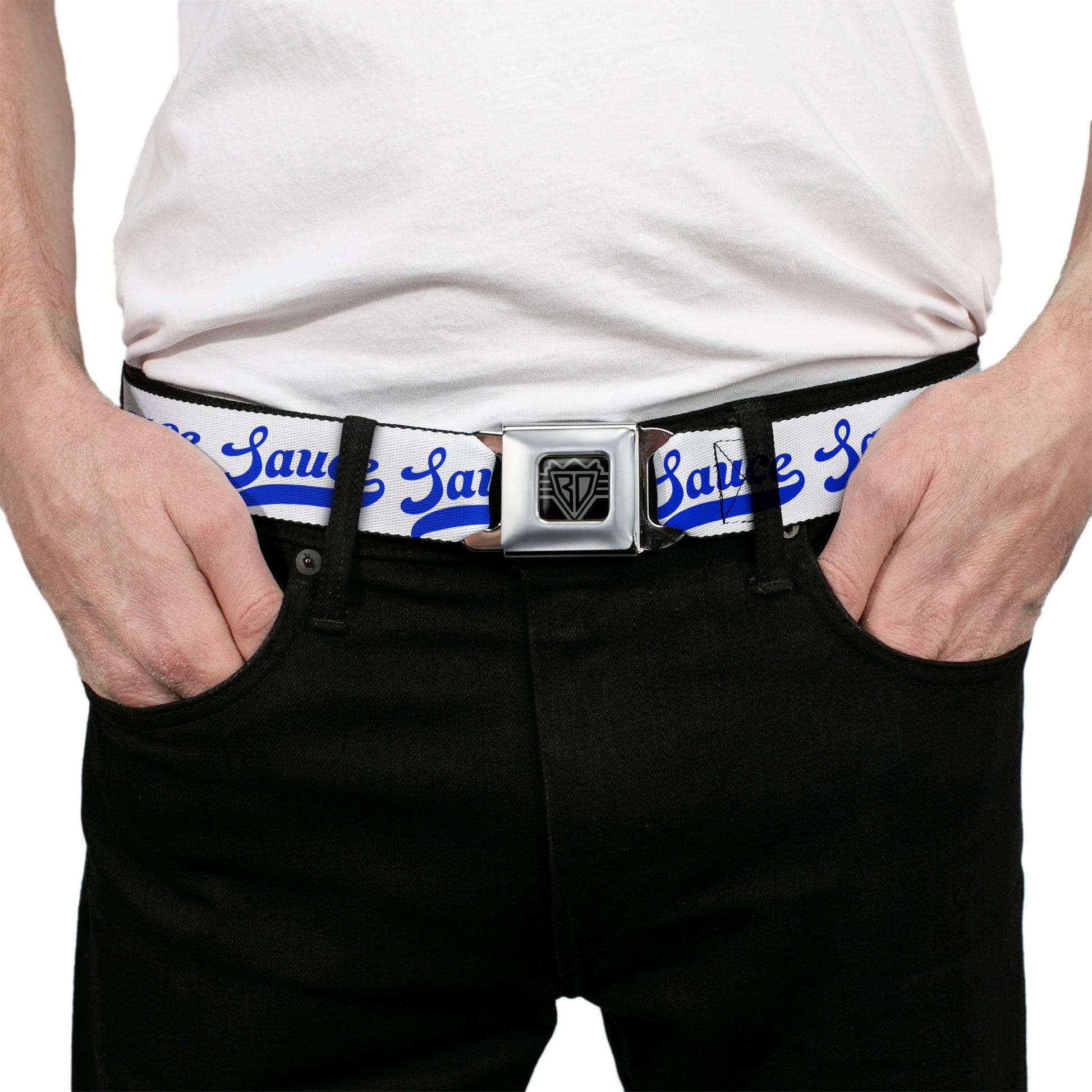 BD Wings Logo CLOSE-UP Black/Silver Seatbelt Belt - SAUCE Baseball Script White/Blue Webbing Seatbelt Belts Buckle-Down
