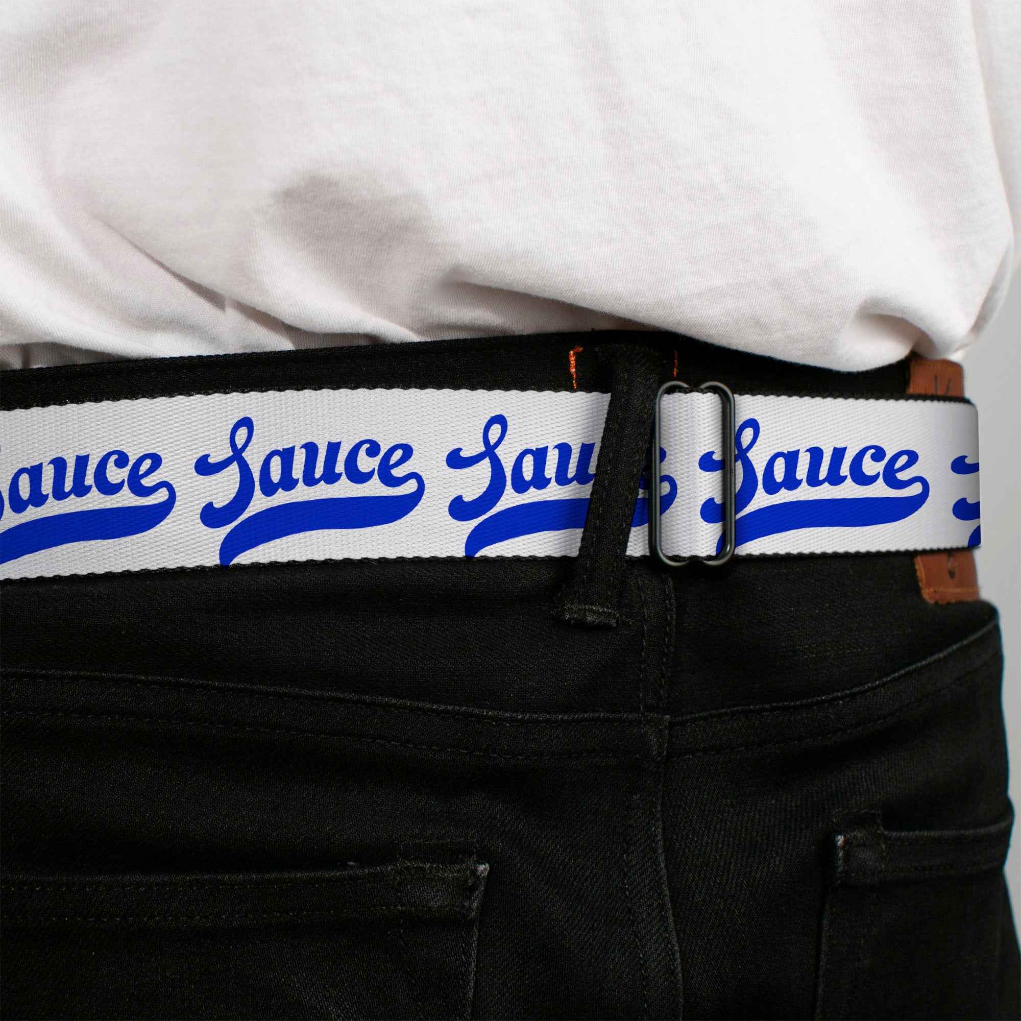 BD Wings Logo CLOSE-UP Black/Silver Seatbelt Belt - SAUCE Baseball Script White/Blue Webbing Seatbelt Belts Buckle-Down
